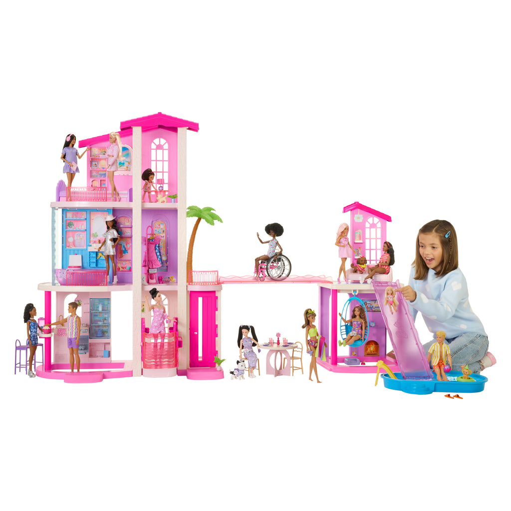Barbie Rüya Evi oyun seti, 2 havuz, 2 kaydırak, 2 ev, 3 katta çalışan asansör, 65'ten fazla mobilya ve aksesuar