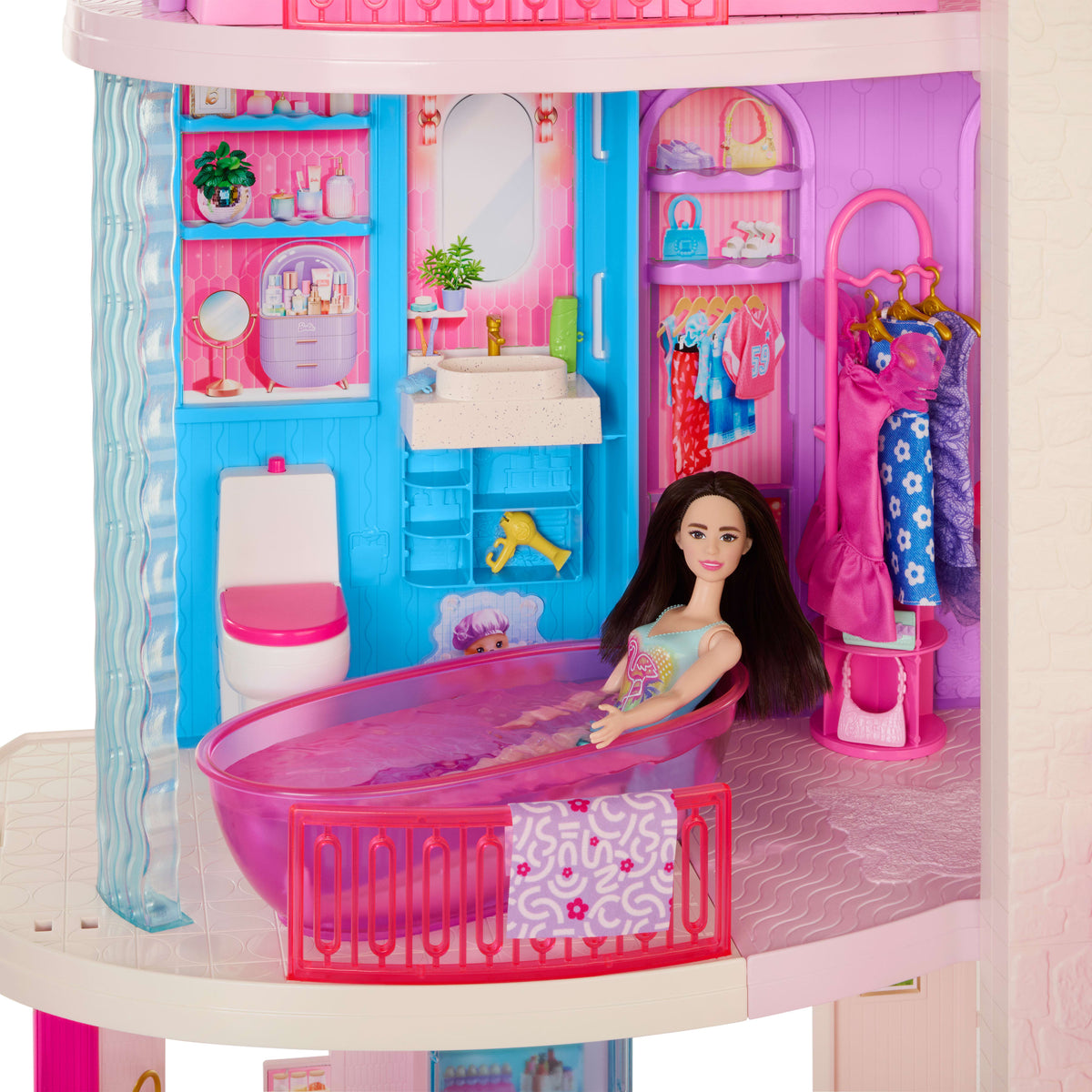 Barbie Rüya Evi oyun seti, 2 havuz, 2 kaydırak, 2 ev, 3 katta çalışan asansör, 65'ten fazla mobilya ve aksesuar