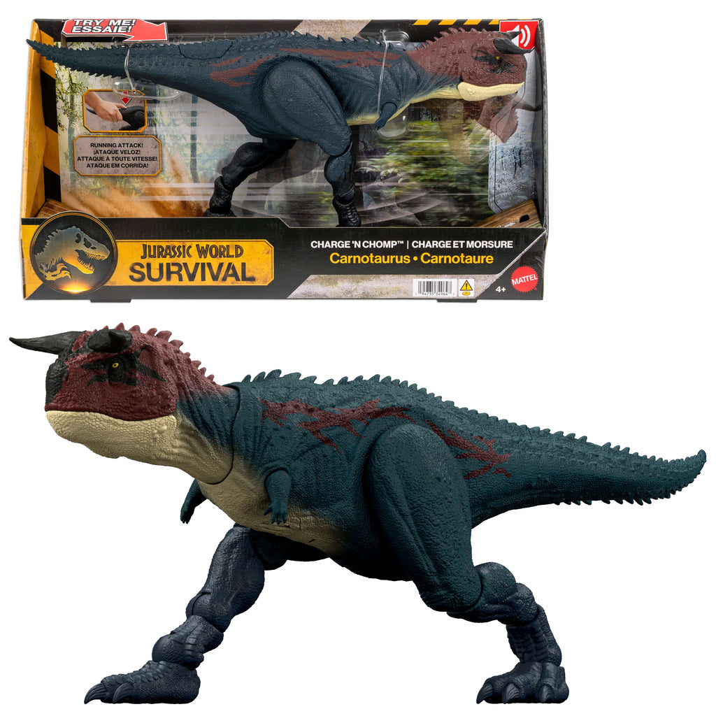 Koşan ve kükreyen Jurassic World Carnotaurus dinozor aksiyon figürü ve dijital oyun