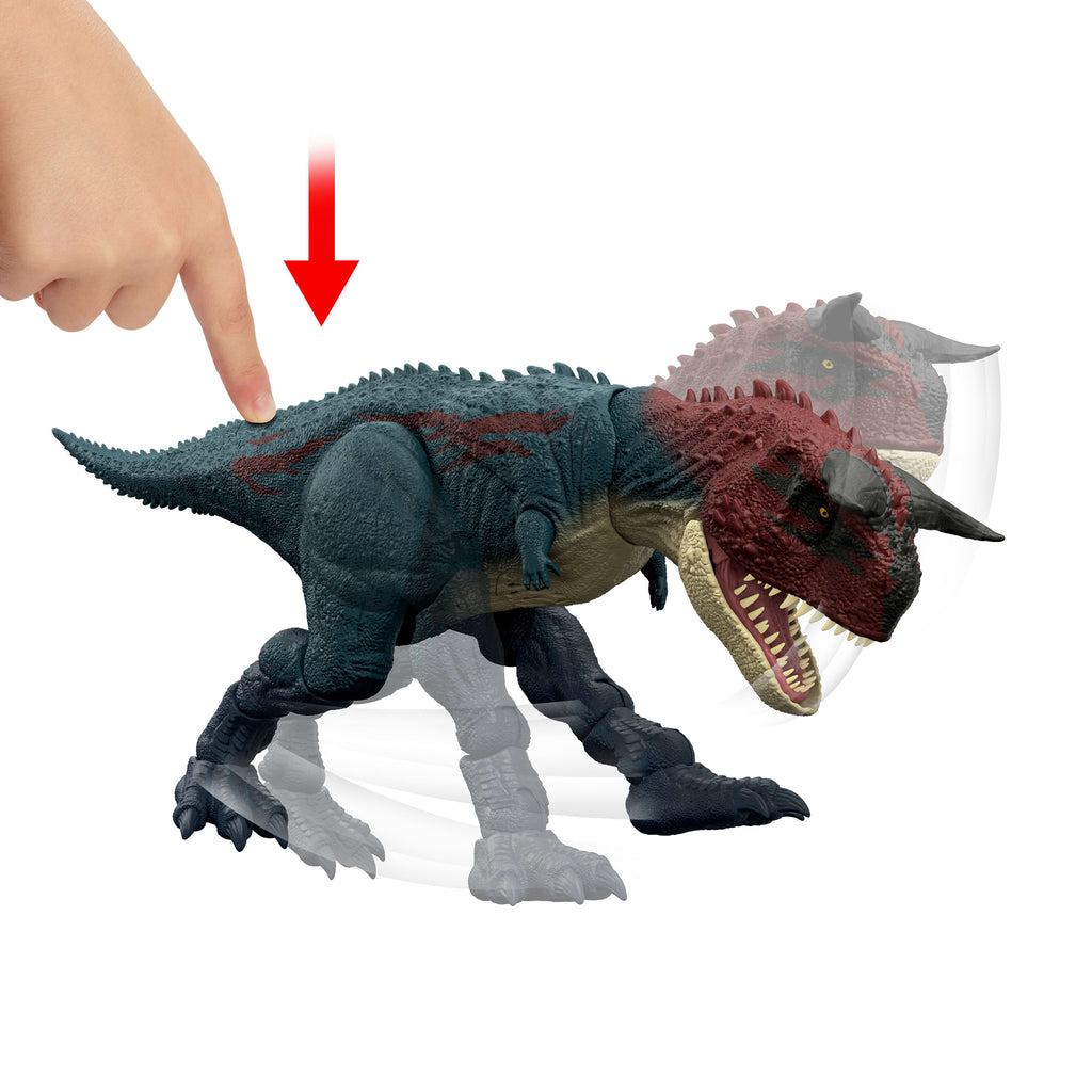 Koşan ve kükreyen Jurassic World Carnotaurus dinozor aksiyon figürü ve dijital oyun