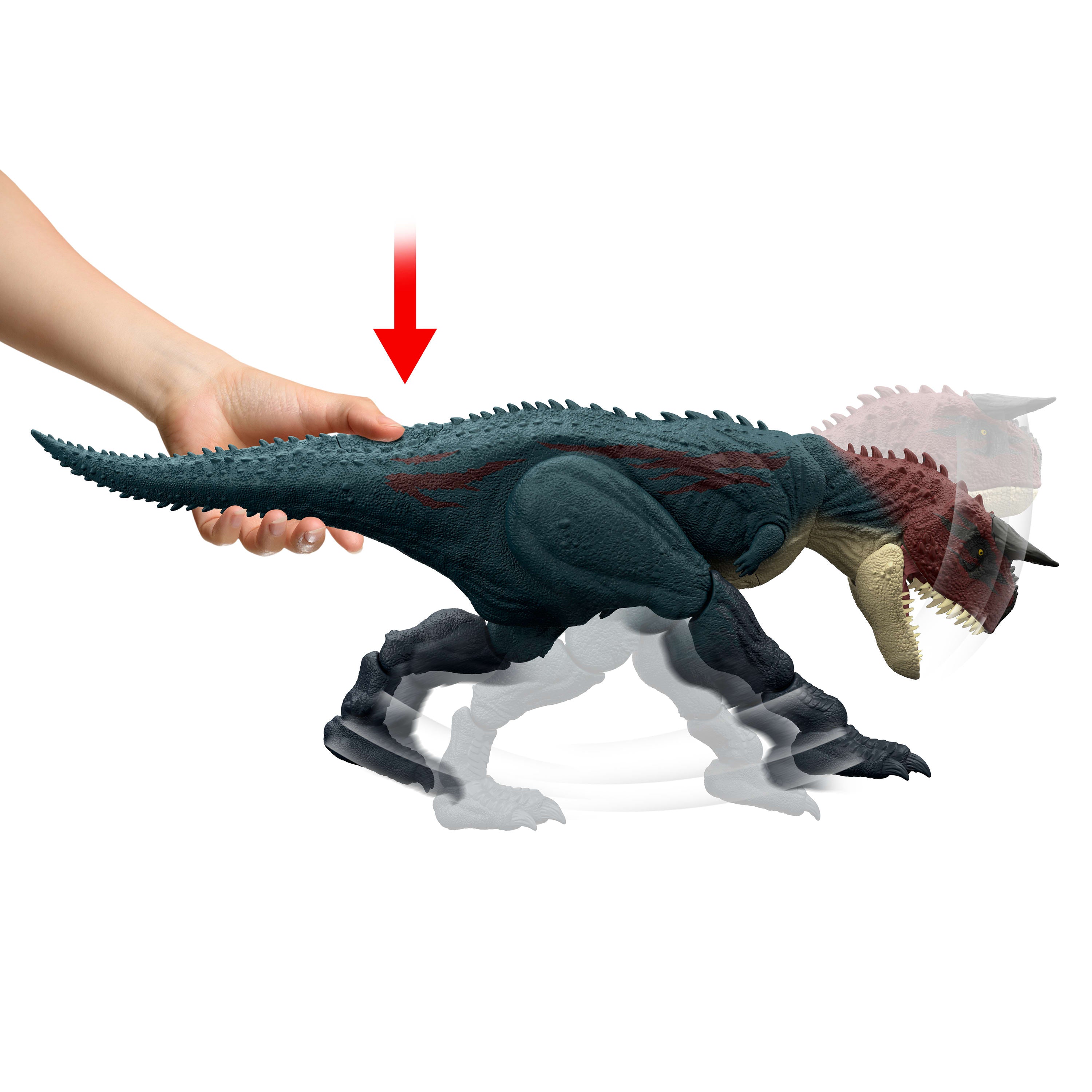 Koşan ve kükreyen Jurassic World Carnotaurus dinozor aksiyon figürü ve dijital oyun