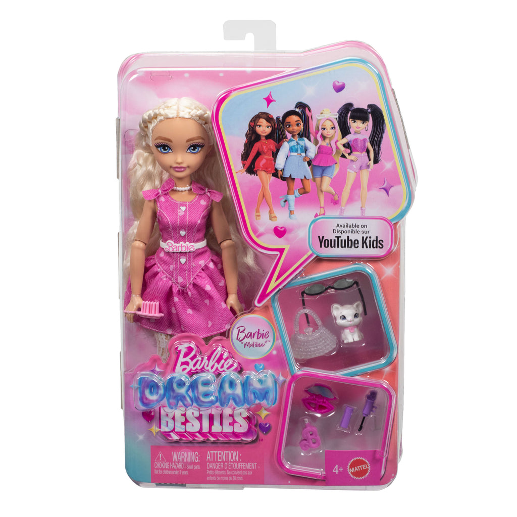 Eklemleri bükülebilen Barbie Dream Besties Barbie "Malibu" bebek ve aksesuarlar, temaya uygun parçalar