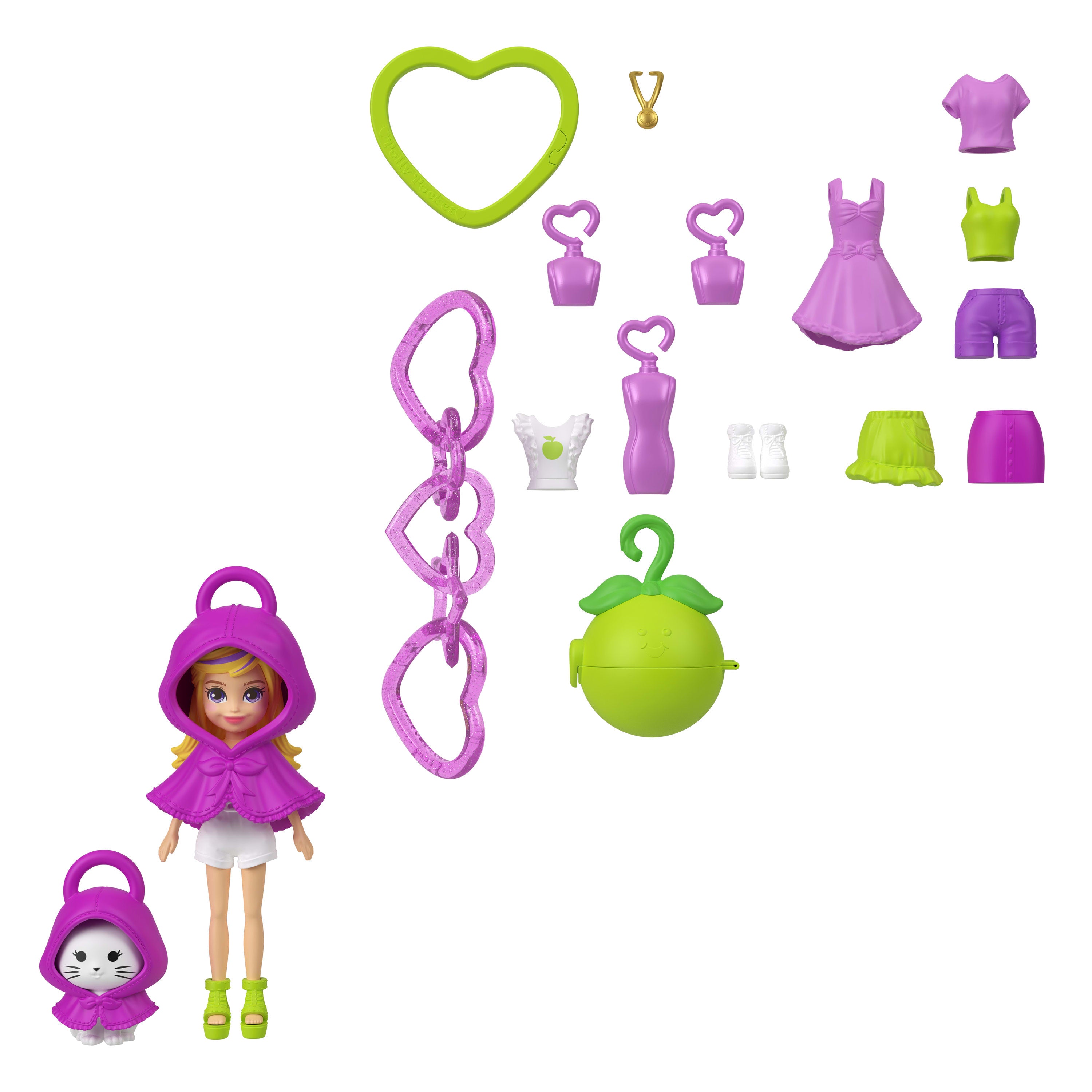 Meyve temalı kıyafetler ve tılsım aksesuarları ile Polly Pocket Anahtarlık Süsleme Kiti, bebekler ve evcil hayvanlar