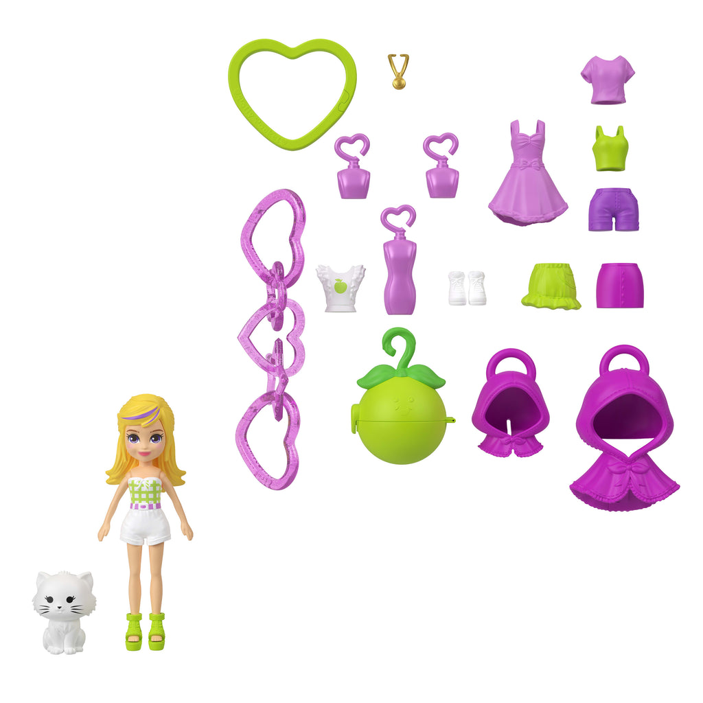 Meyve temalı kıyafetler ve tılsım aksesuarları ile Polly Pocket Anahtarlık Süsleme Kiti, bebekler ve evcil hayvanlar