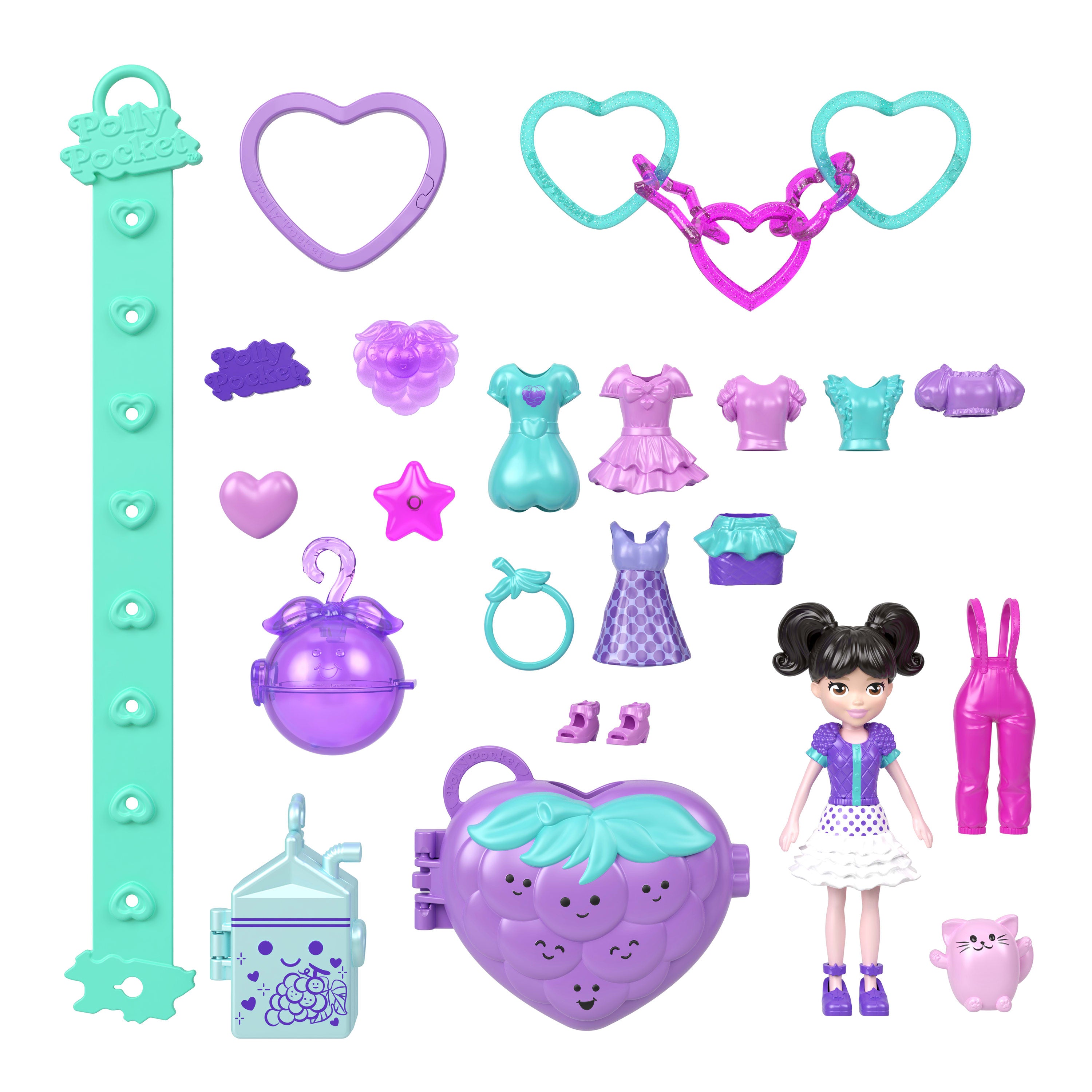 Polly Pocket bebekler ve evcil hayvanlar, bileklik süsleme kiti, kıyafetler ve anahtarlık aksesuarları, giyilebilir kompakt çanta