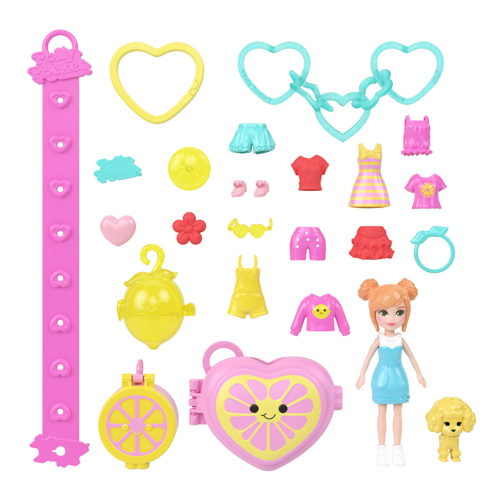 Polly Pocket bebekler ve evcil hayvanlar, bileklik süsleme kiti, kıyafetler ve anahtarlık aksesuarları, giyilebilir kompakt çanta