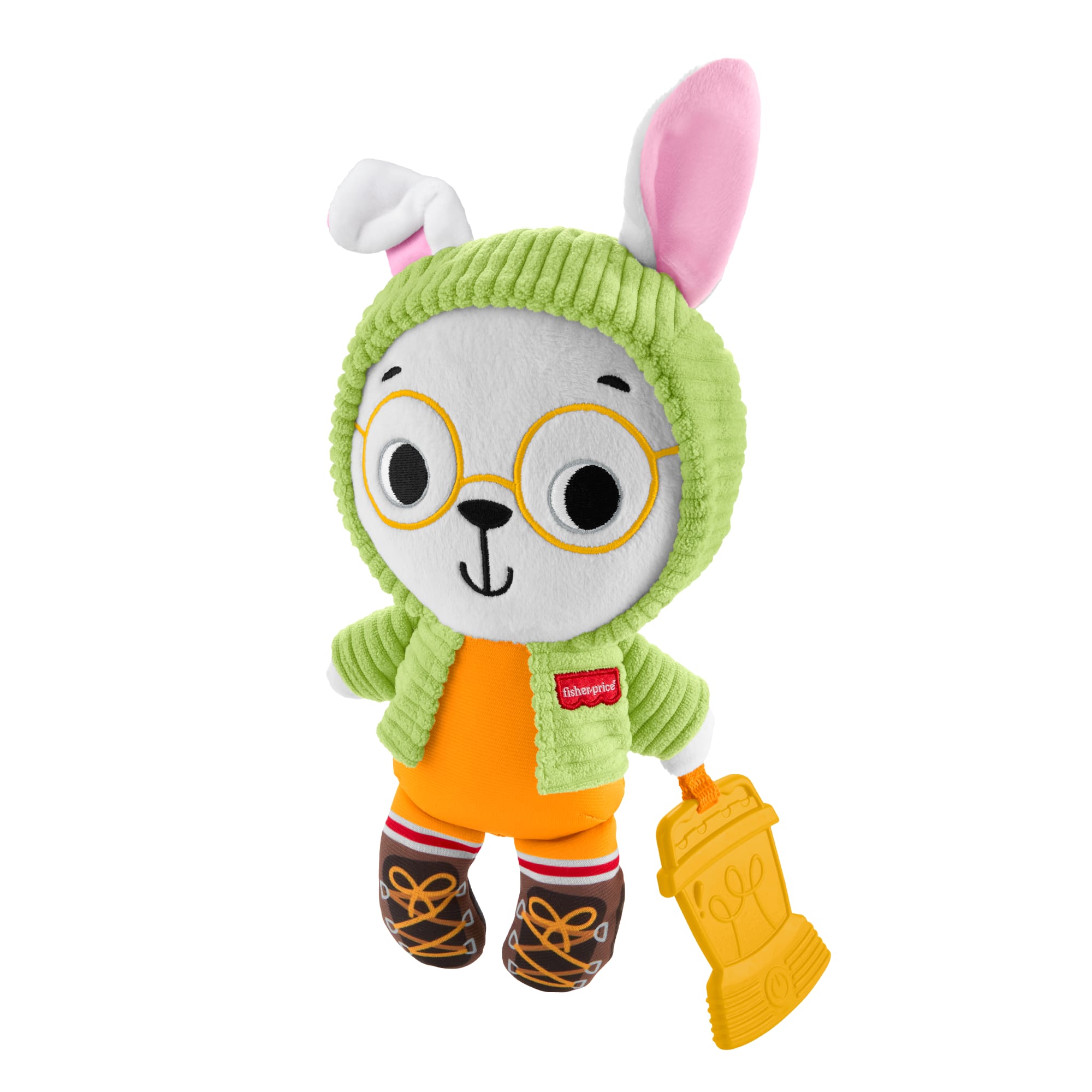Fisher-Price Kamp Zamanı Sarılma Arkadaşım Tavşancık, dişliği olan duyusal gelişime yardımcı pelüş bebek oyuncağı