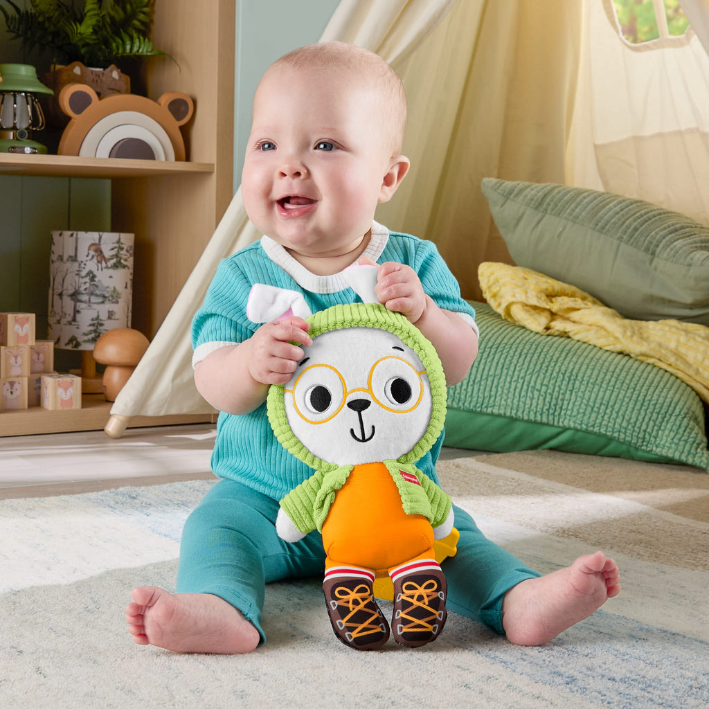 Fisher-Price Kamp Zamanı Sarılma Arkadaşım Tavşancık, dişliği olan duyusal gelişime yardımcı pelüş bebek oyuncağı