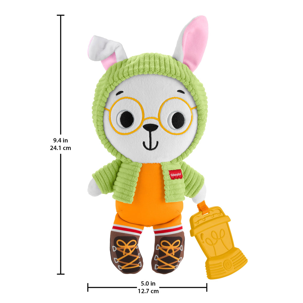 Fisher-Price Kamp Zamanı Sarılma Arkadaşım Tavşancık, dişliği olan duyusal gelişime yardımcı pelüş bebek oyuncağı