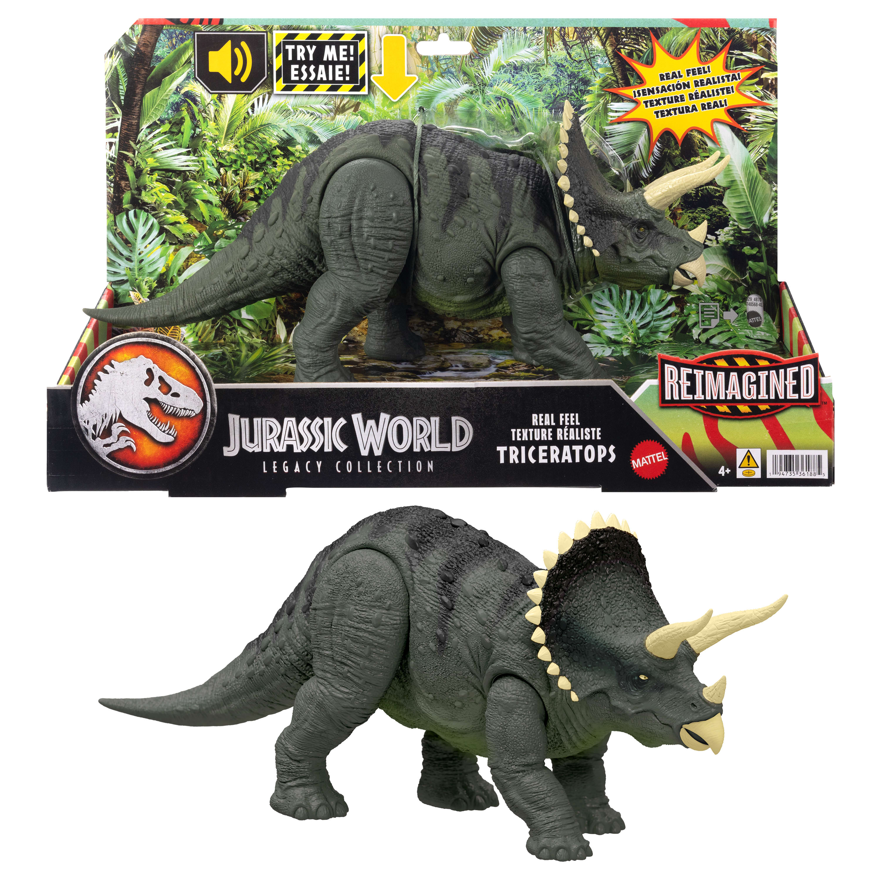 Jurassic World Triceratops Figürü, 1990'lardan ilham alan ve kükreyen dinozor figürü