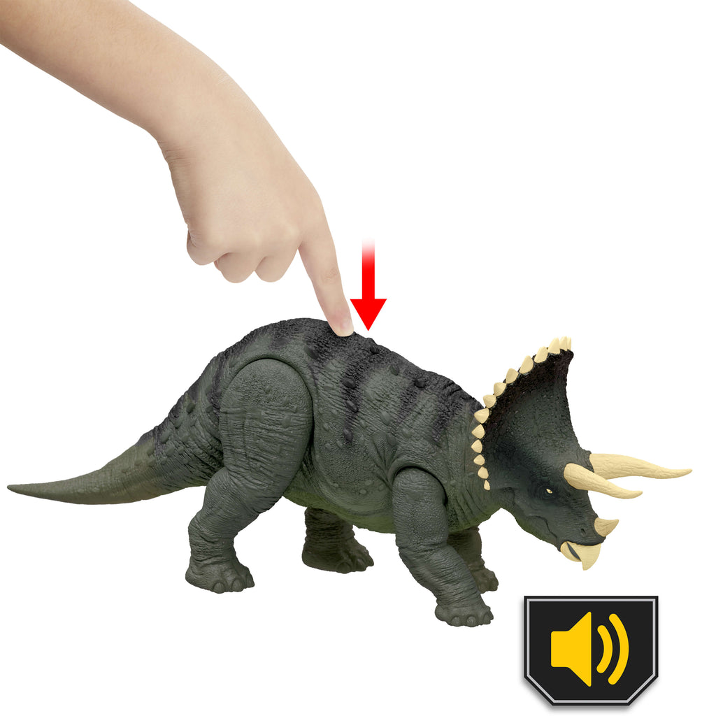 Jurassic World Triceratops Figürü, 1990'lardan ilham alan ve kükreyen dinozor figürü