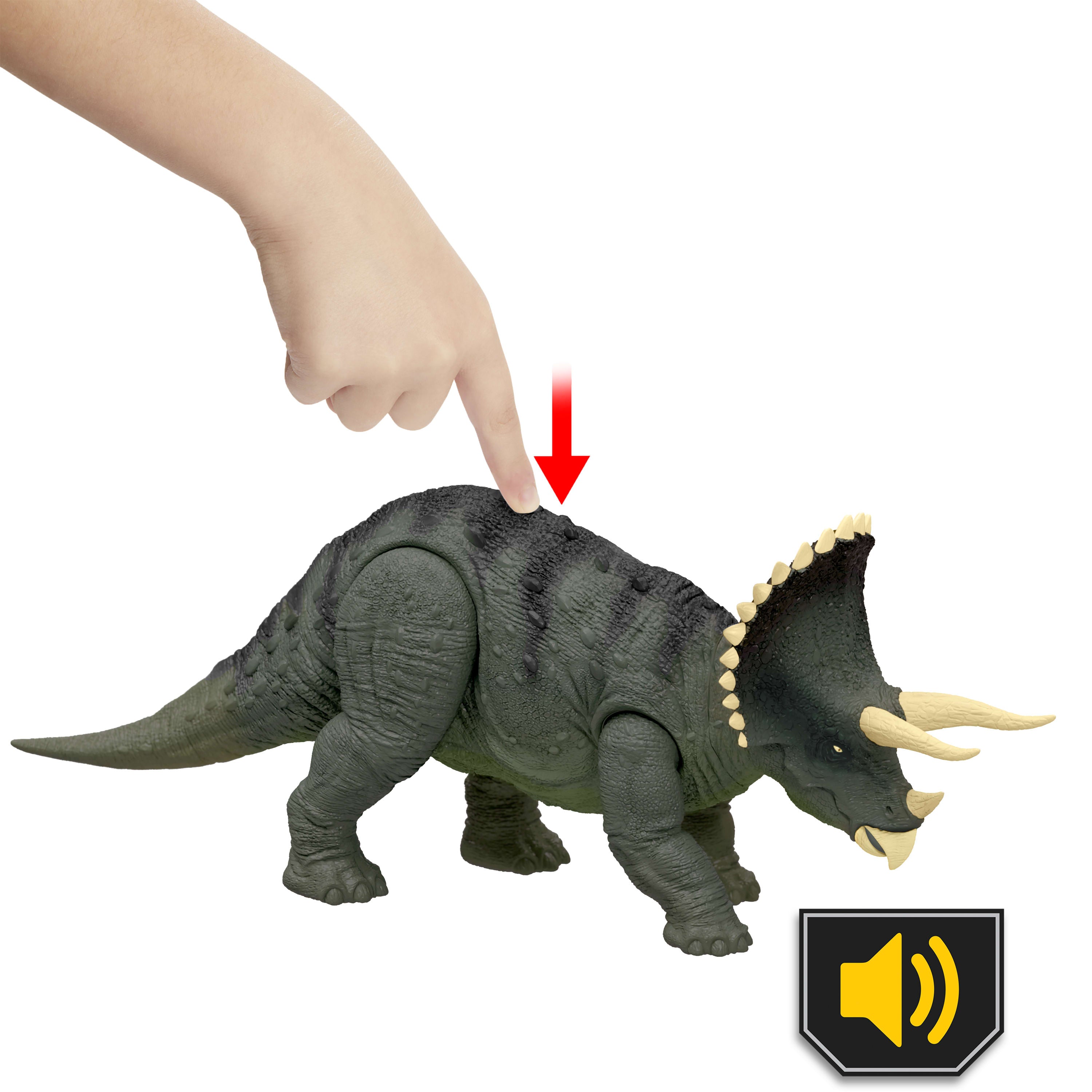 Jurassic World Triceratops Figürü, 1990'lardan ilham alan ve kükreyen dinozor figürü