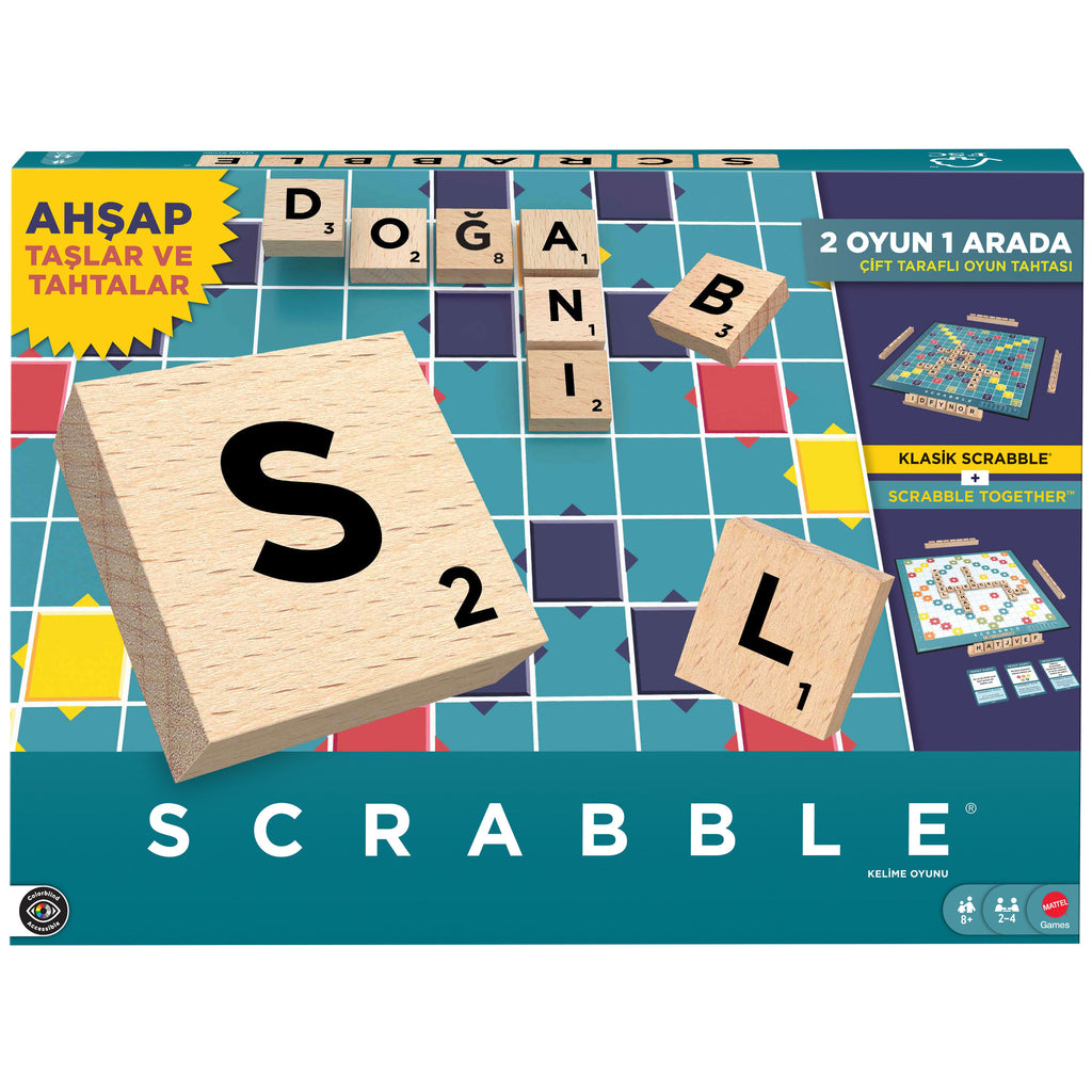 Scrabble aileyle oynanan kelime bulmalı kutu oyunu; ahşap taşlar, taş tahtaları ve iki oyun seçeneği, Türkçe