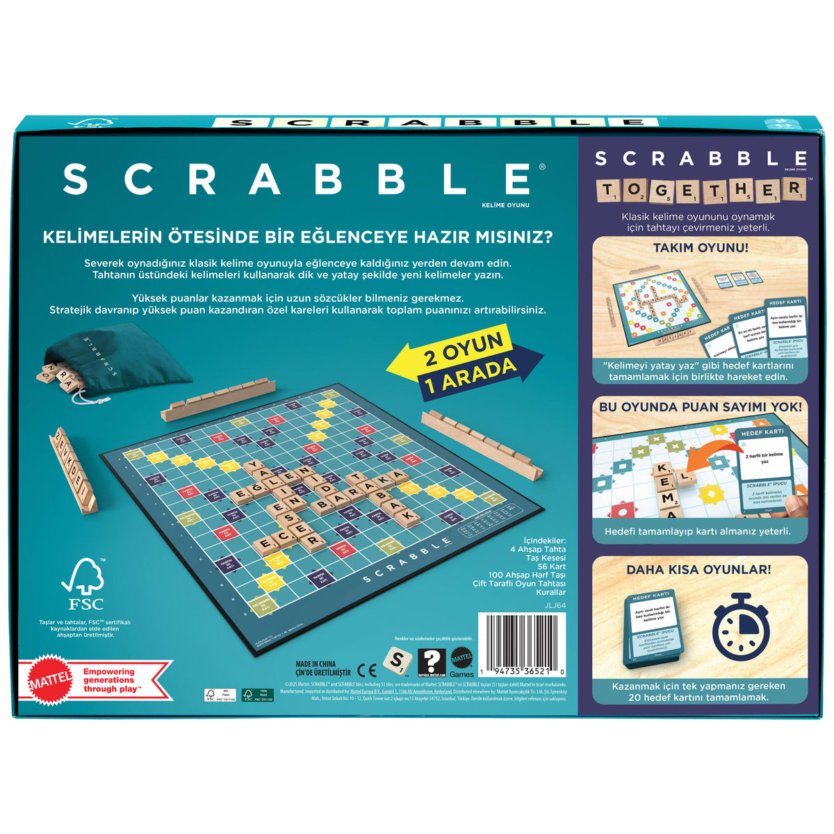 Scrabble aileyle oynanan kelime bulmalı kutu oyunu; ahşap taşlar, taş tahtaları ve iki oyun seçeneği, Türkçe