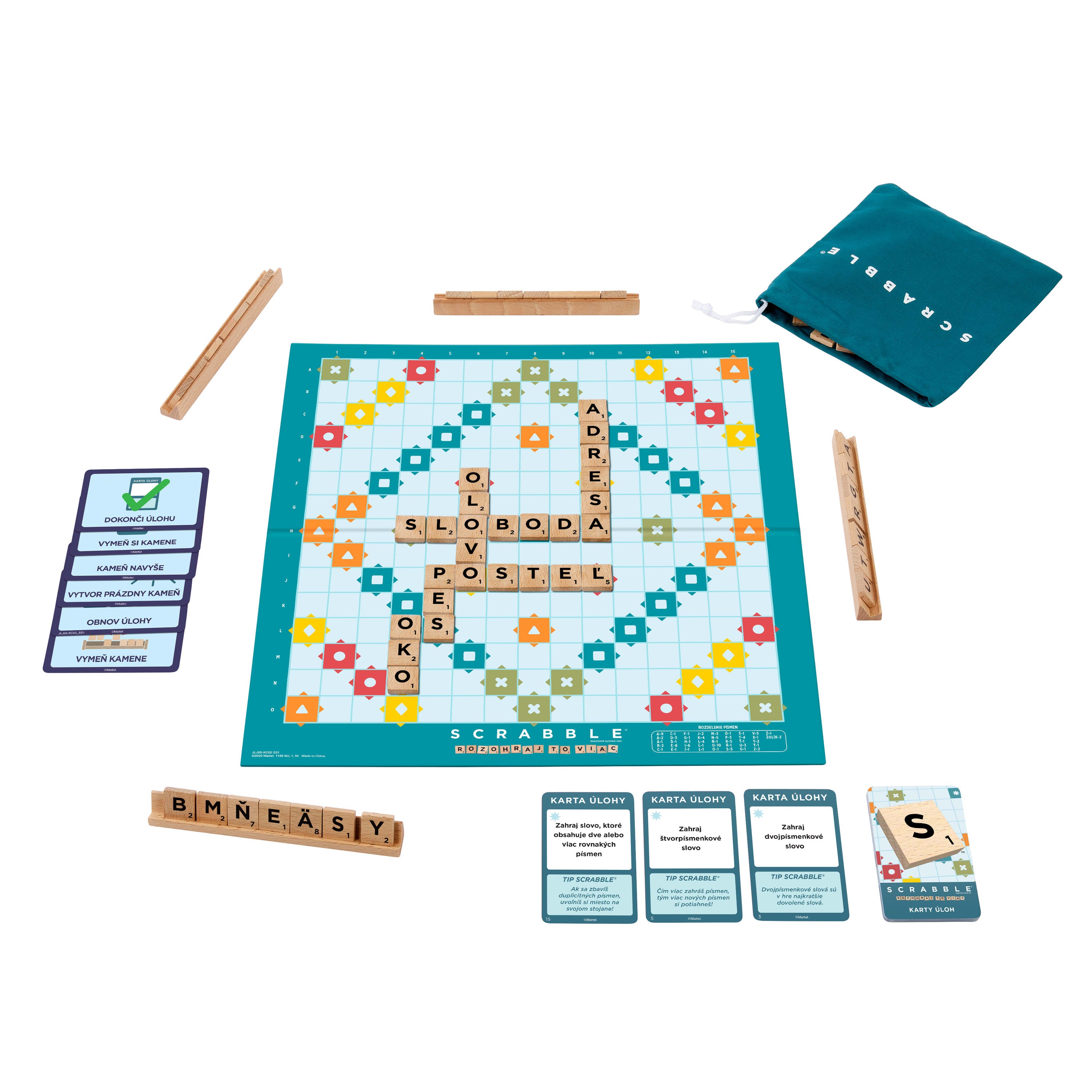 Scrabble aileyle oynanan kelime bulmalı kutu oyunu; ahşap taşlar, taş tahtaları ve iki oyun seçeneği, Türkçe