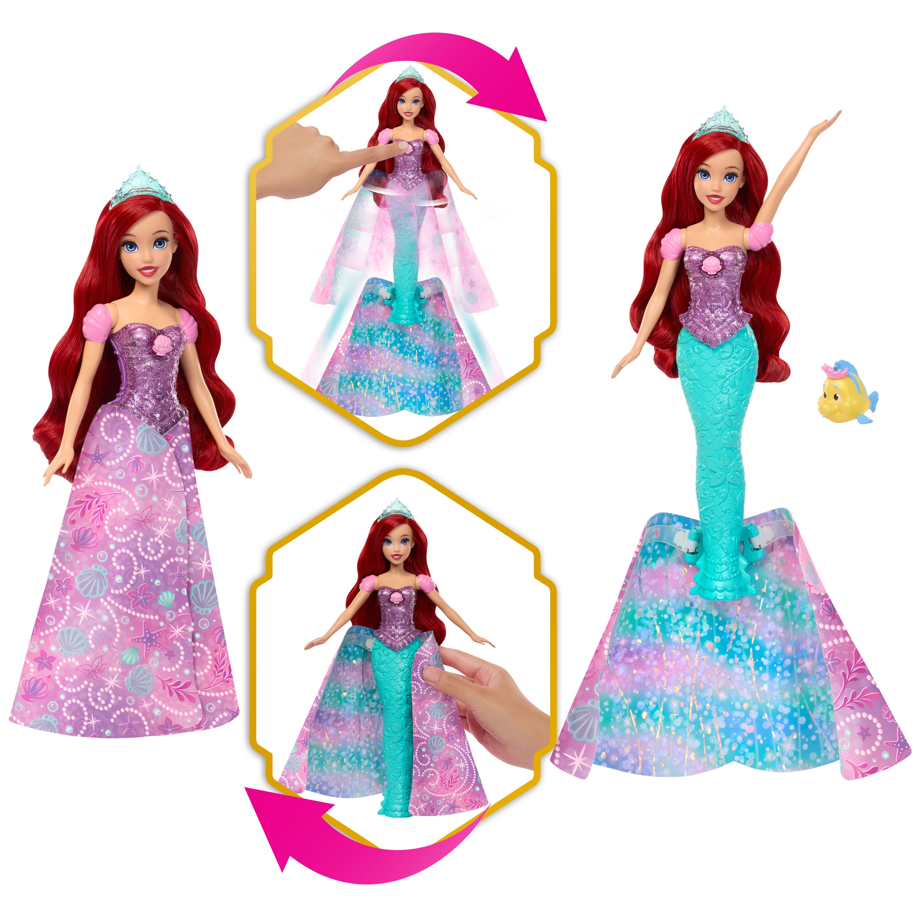 İnsandan deniz kızına dönüşen Disney Prensesi Ariel bebek, Flounder figürü ve 2 aksesuar