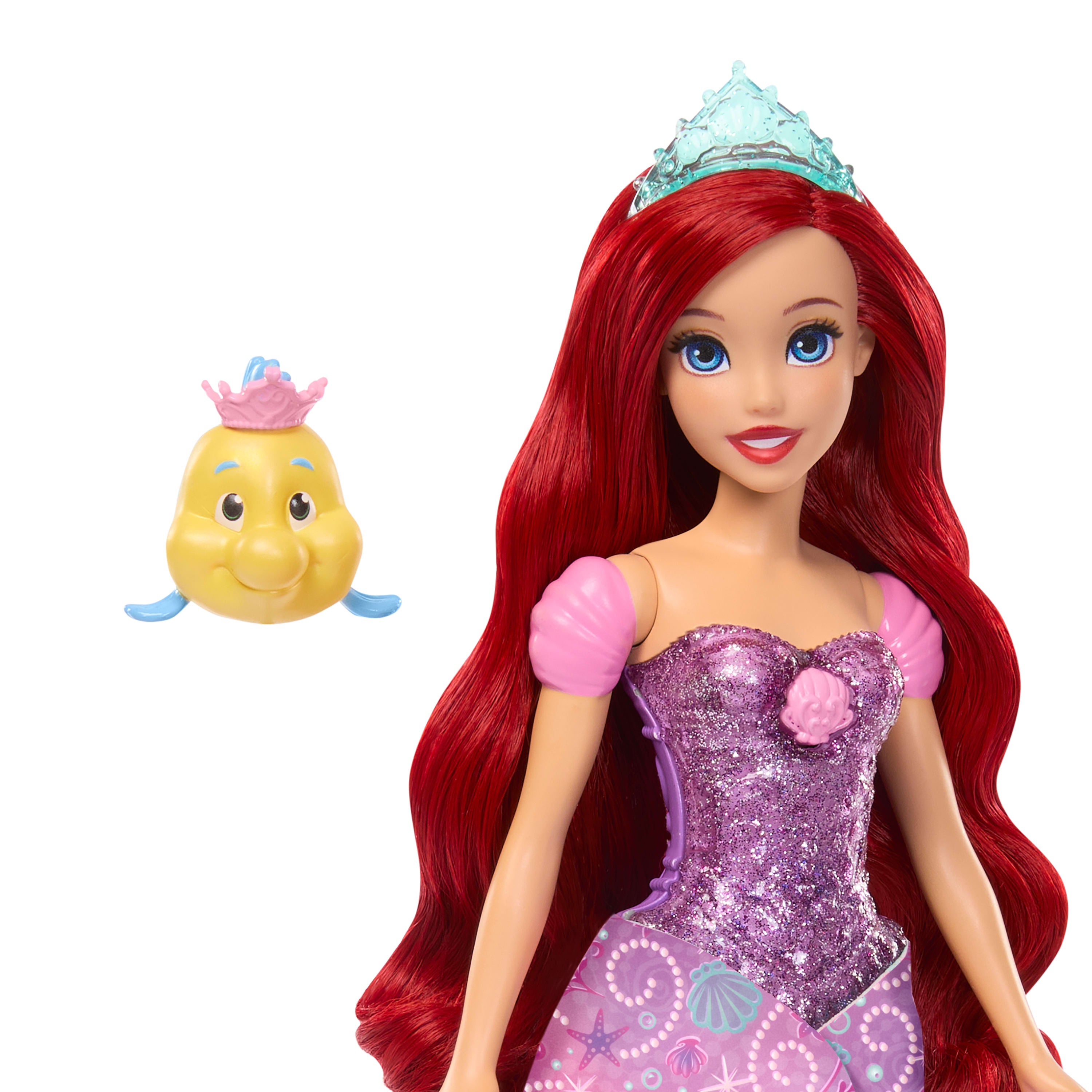 İnsandan deniz kızına dönüşen Disney Prensesi Ariel bebek, Flounder figürü ve 2 aksesuar