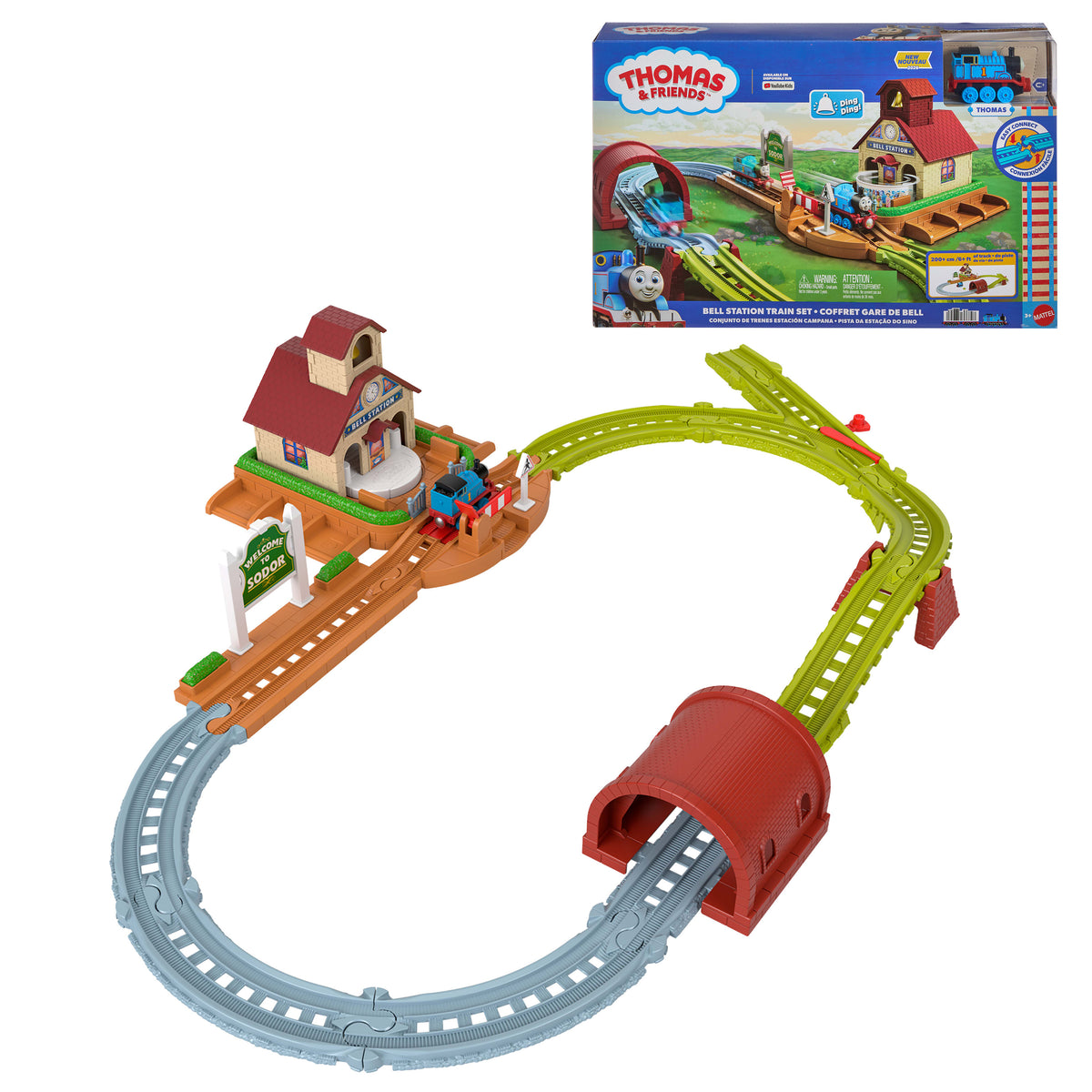 Tekerlekli Thomas lokomotifi ve ray ile Fisher-Price Thomas ve Arkadaşları Çan İstasyonu tren seti