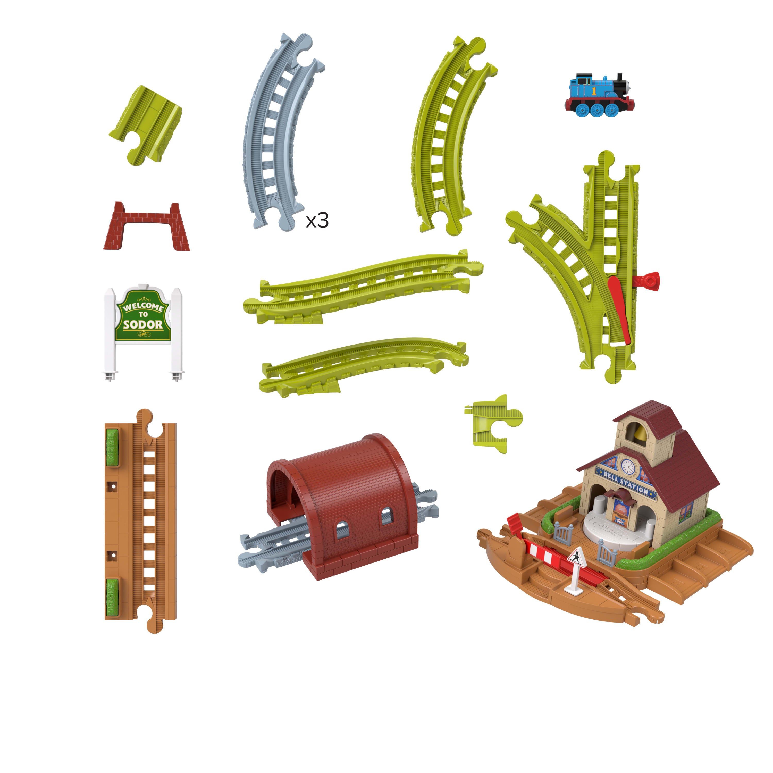 Tekerlekli Thomas lokomotifi ve ray ile Fisher-Price Thomas ve Arkadaşları Çan İstasyonu tren seti