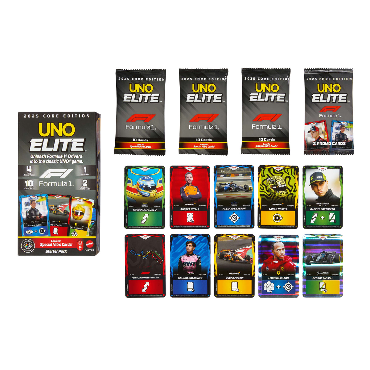 UNO Elite F1 Kartlar - Başlangıç Paketi Kart Oyunu, 4 Ek Kart Paketi ve 2 Özel Kart