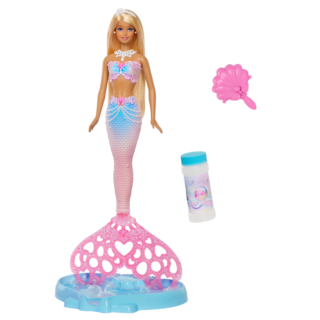Baloncuk solüsyonu ve tarağı ile baloncuk yapma özellikli Barbie Baloncuk Işıltısı Deniz Kızı bebek