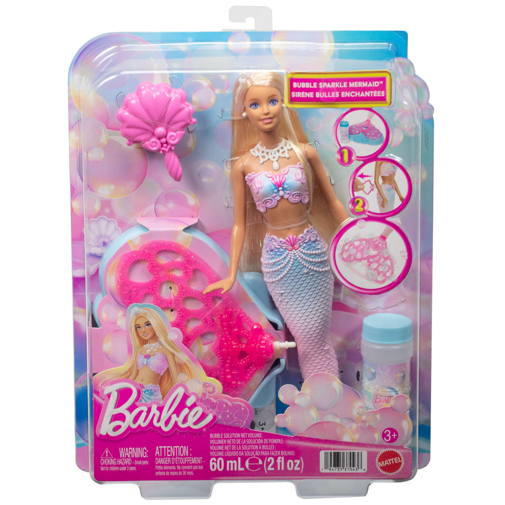 Baloncuk solüsyonu ve tarağı ile baloncuk yapma özellikli Barbie Baloncuk Işıltısı Deniz Kızı bebek