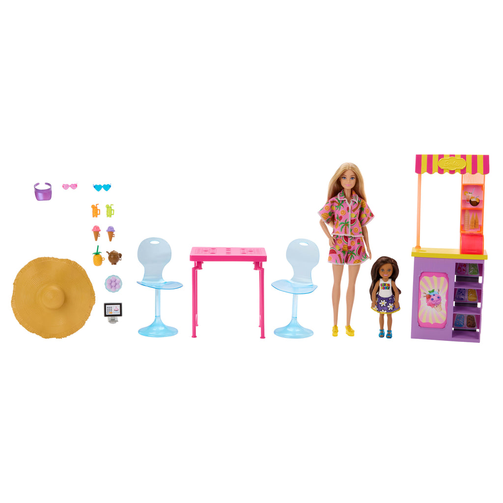 Barbie Yaz Tatili Plaj Kulübesi Eğlencesi, Barbie bebek ile Chelsea bebek, atıştırmalık standı oyun seti ve aksesuarlar