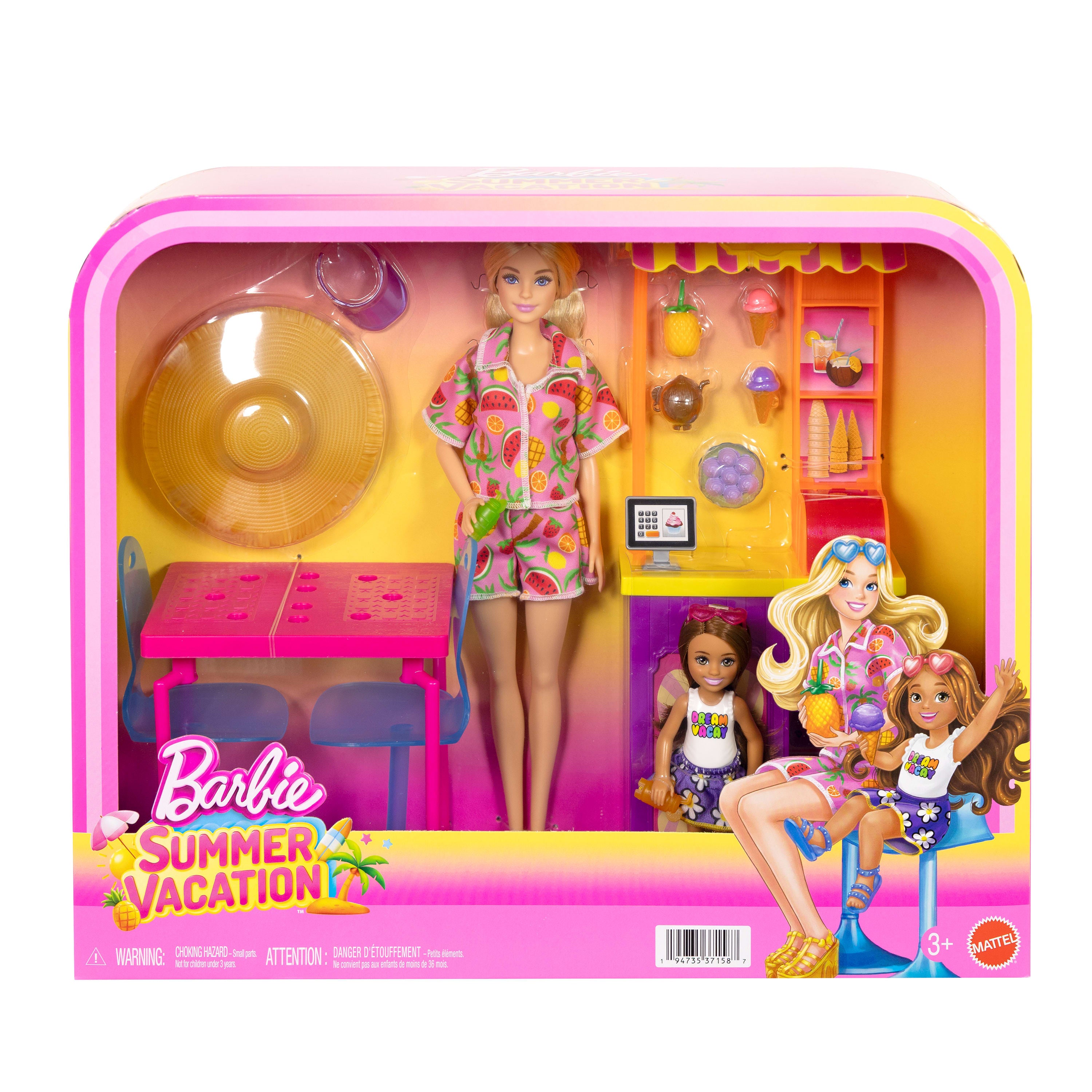 Barbie Yaz Tatili Plaj Kulübesi Eğlencesi, Barbie bebek ile Chelsea bebek, atıştırmalık standı oyun seti ve aksesuarlar