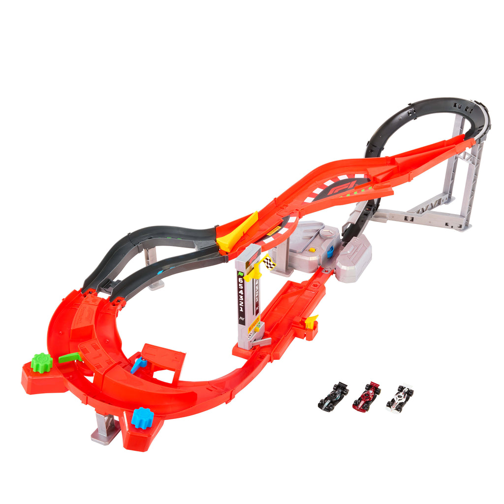 Hot Wheels Yarışları Formula 1 Yokuş Aşağı Pist Yarışı ve 1:64 ölçekli 3 adet metal F1 arabası
