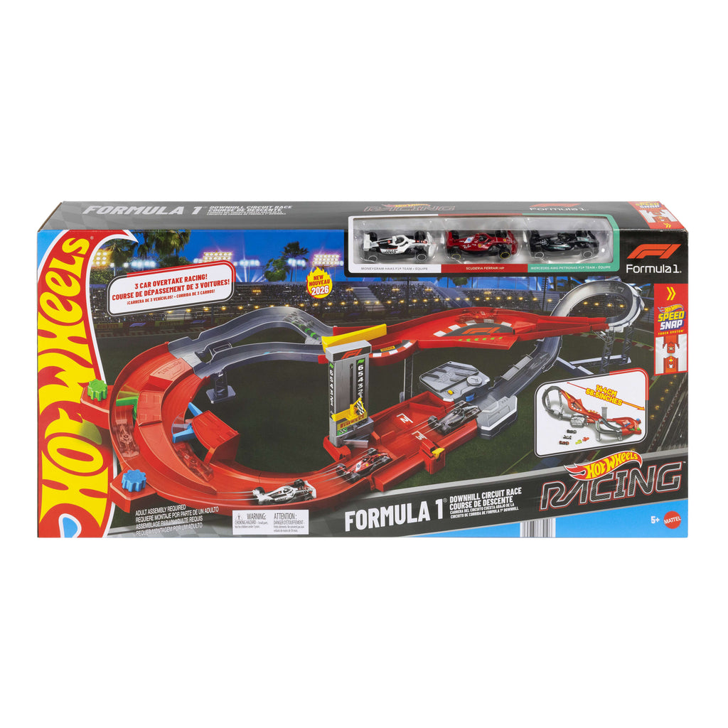 Hot Wheels Yarışları Formula 1 Yokuş Aşağı Pist Yarışı ve 1:64 ölçekli 3 adet metal F1 arabası