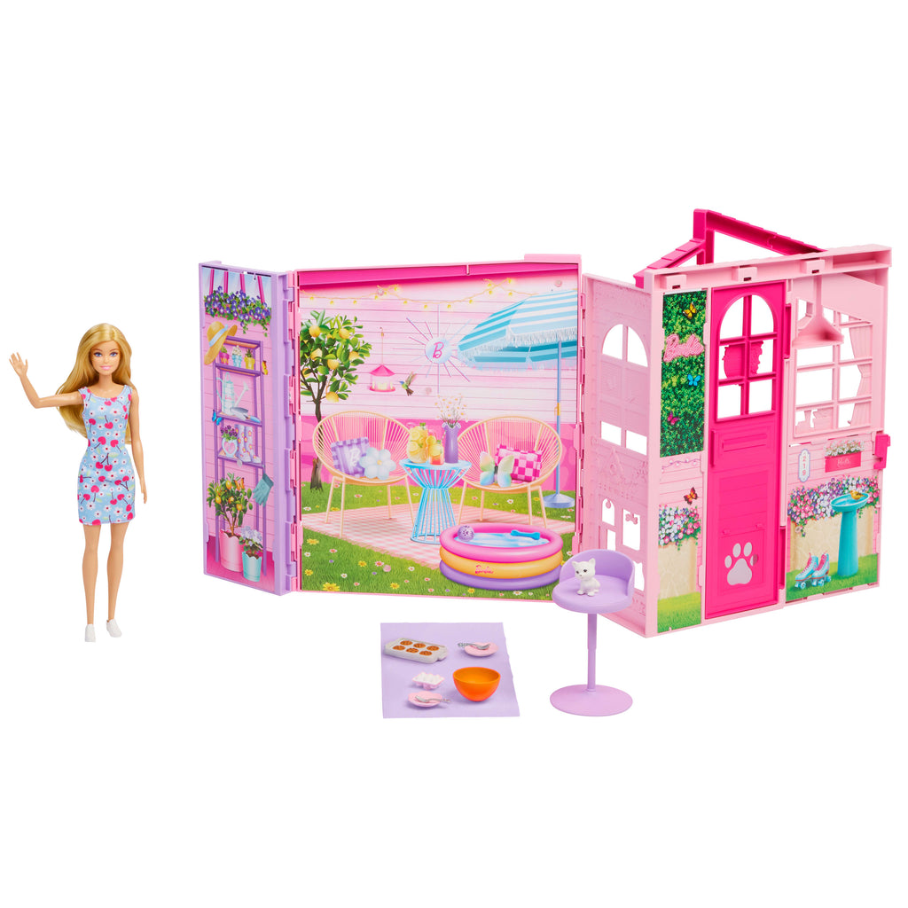 Barbie Hafta Sonu Tatili Evi, oyuncak bebek evi, bebek, 10 aksesuar, 4 oyun alanı ve yavru kedi