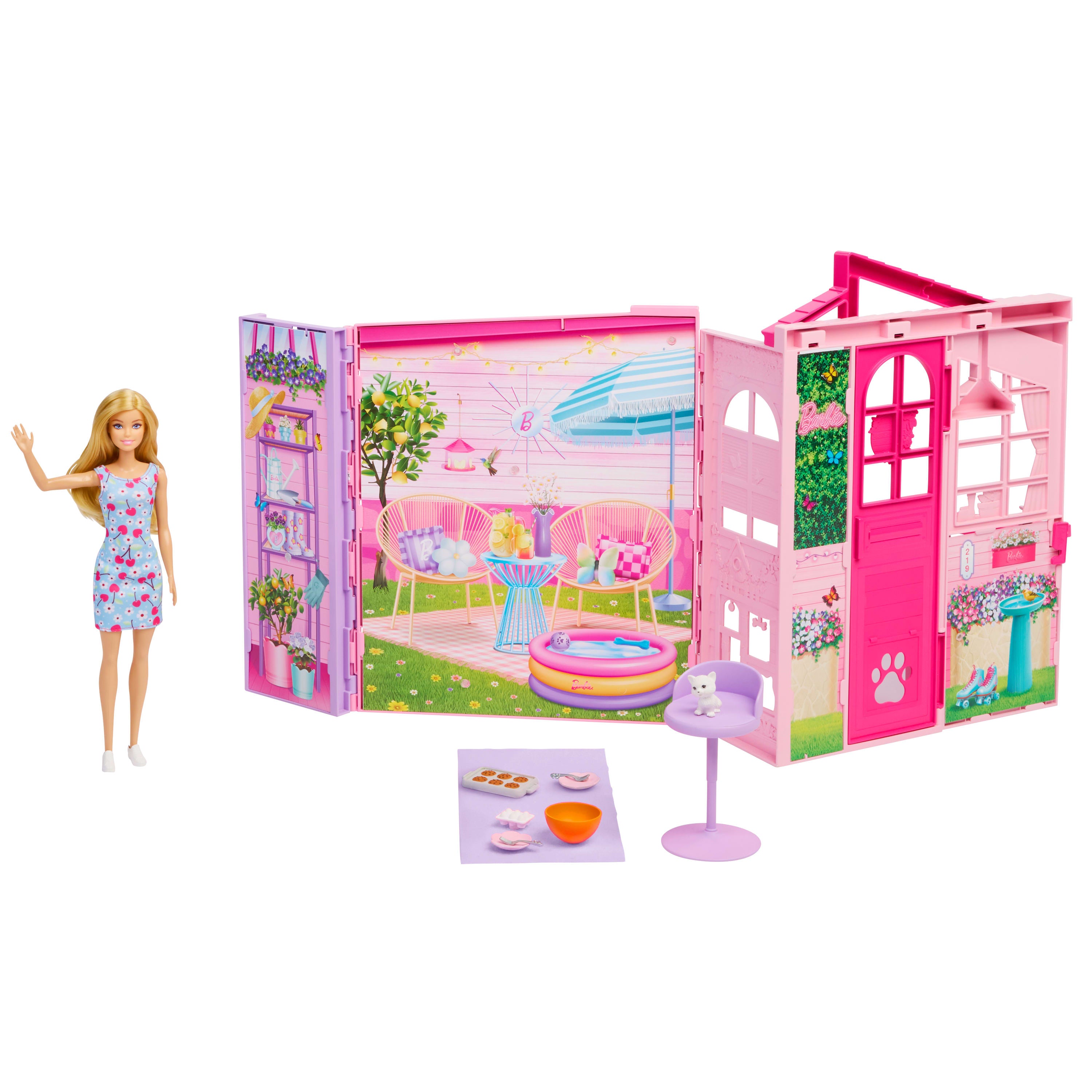 Barbie Hafta Sonu Tatili Evi, oyuncak bebek evi, bebek, 10 aksesuar, 4 oyun alanı ve yavru kedi