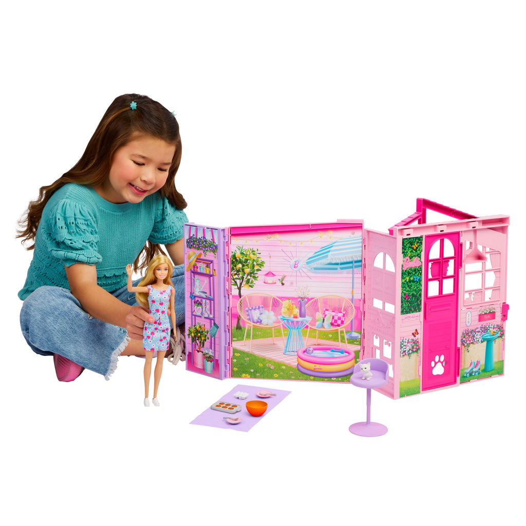 Barbie Hafta Sonu Tatili Evi, oyuncak bebek evi, bebek, 10 aksesuar, 4 oyun alanı ve yavru kedi
