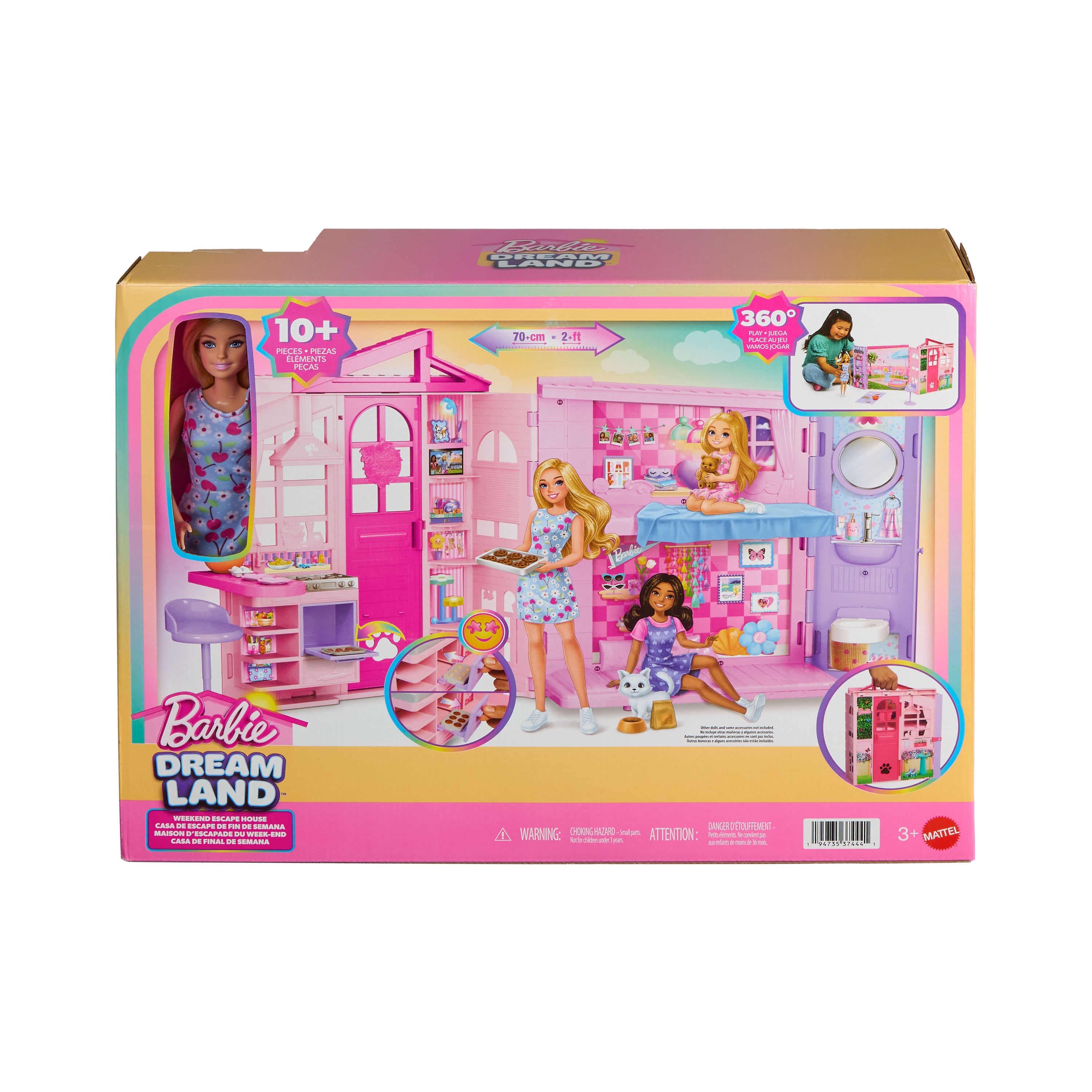 Barbie Hafta Sonu Tatili Evi, oyuncak bebek evi, bebek, 10 aksesuar, 4 oyun alanı ve yavru kedi