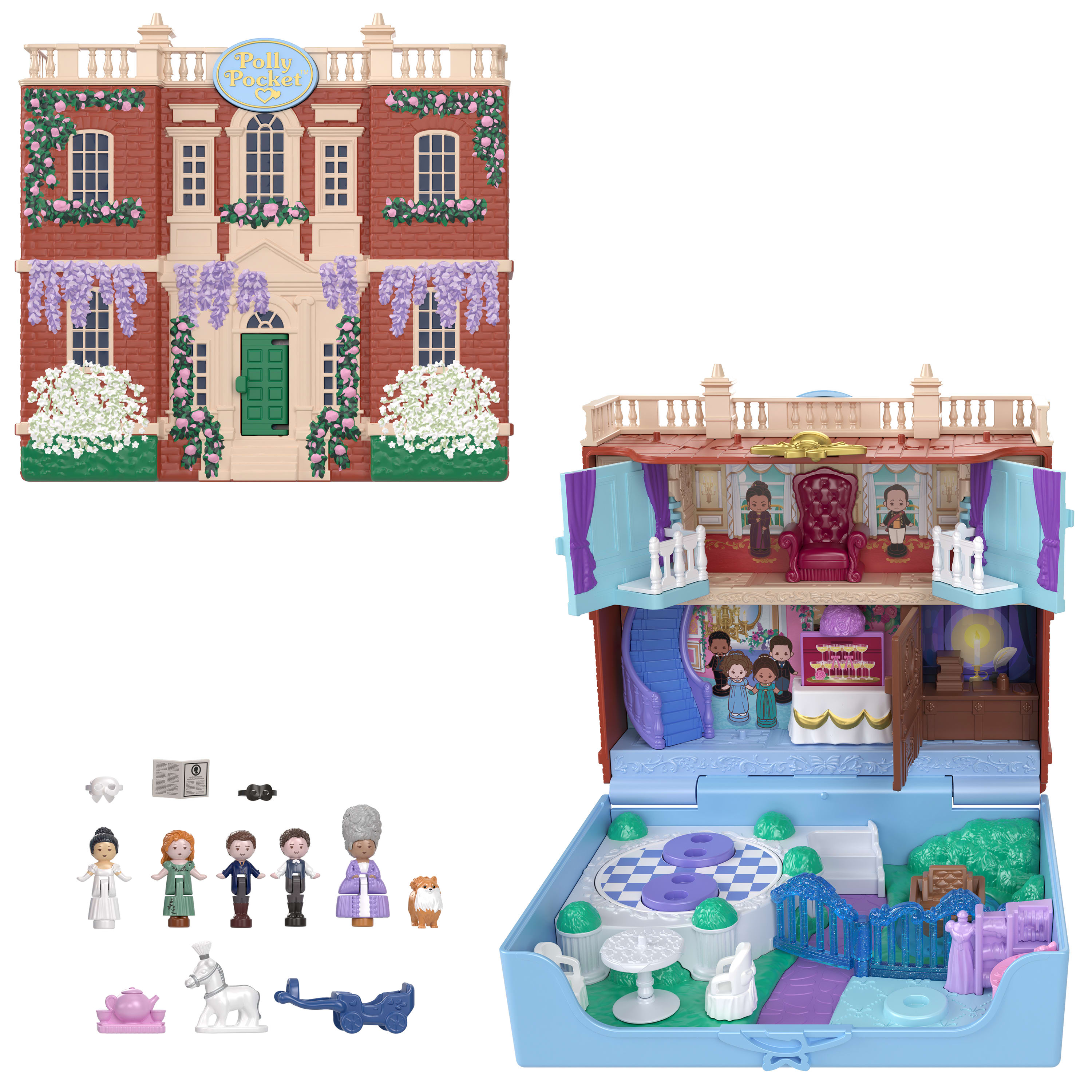 Polly Pocket mini bebekleri ve oyun seti, 7 aksesuar ve filmden ikonik mekanlarla koleksiyona uygun Bridgerton mini oyun seti