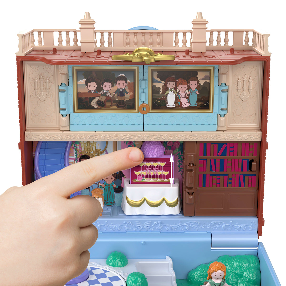 Polly Pocket mini bebekleri ve oyun seti, 7 aksesuar ve filmden ikonik mekanlarla koleksiyona uygun Bridgerton mini oyun seti