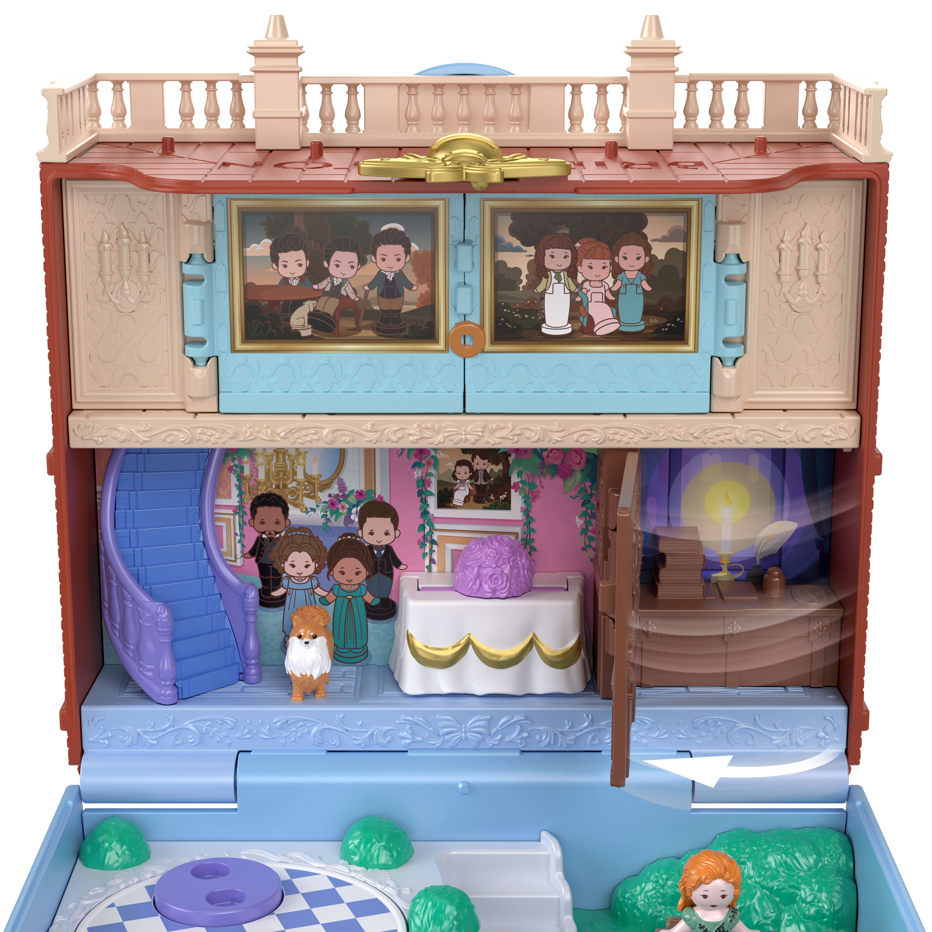 Polly Pocket mini bebekleri ve oyun seti, 7 aksesuar ve filmden ikonik mekanlarla koleksiyona uygun Bridgerton mini oyun seti