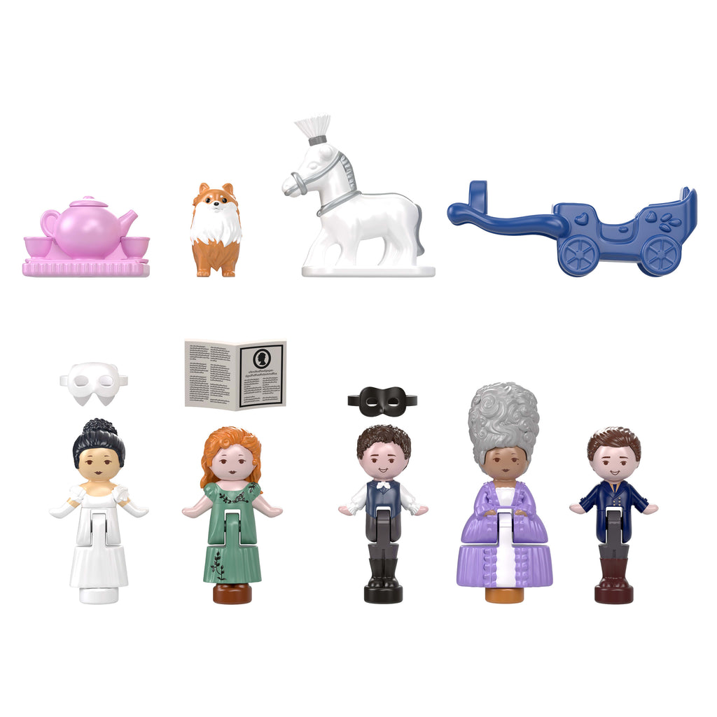 Polly Pocket mini bebekleri ve oyun seti, 7 aksesuar ve filmden ikonik mekanlarla koleksiyona uygun Bridgerton mini oyun seti