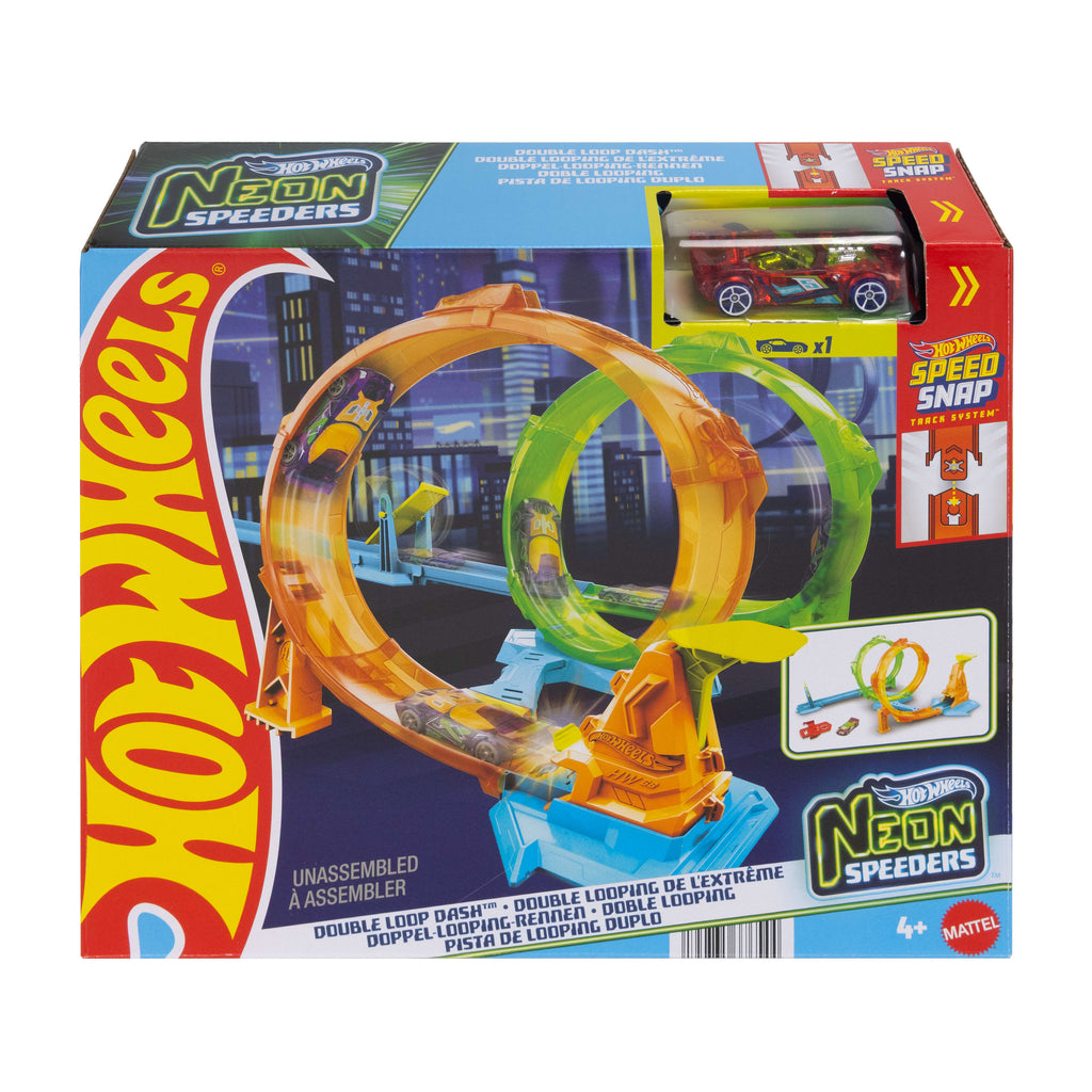 Hot Wheels Neon Yarışçılar Çift Çemberde Hız Pist Seti - 1:64 Ölçekli Oyuncak Araba Dahil