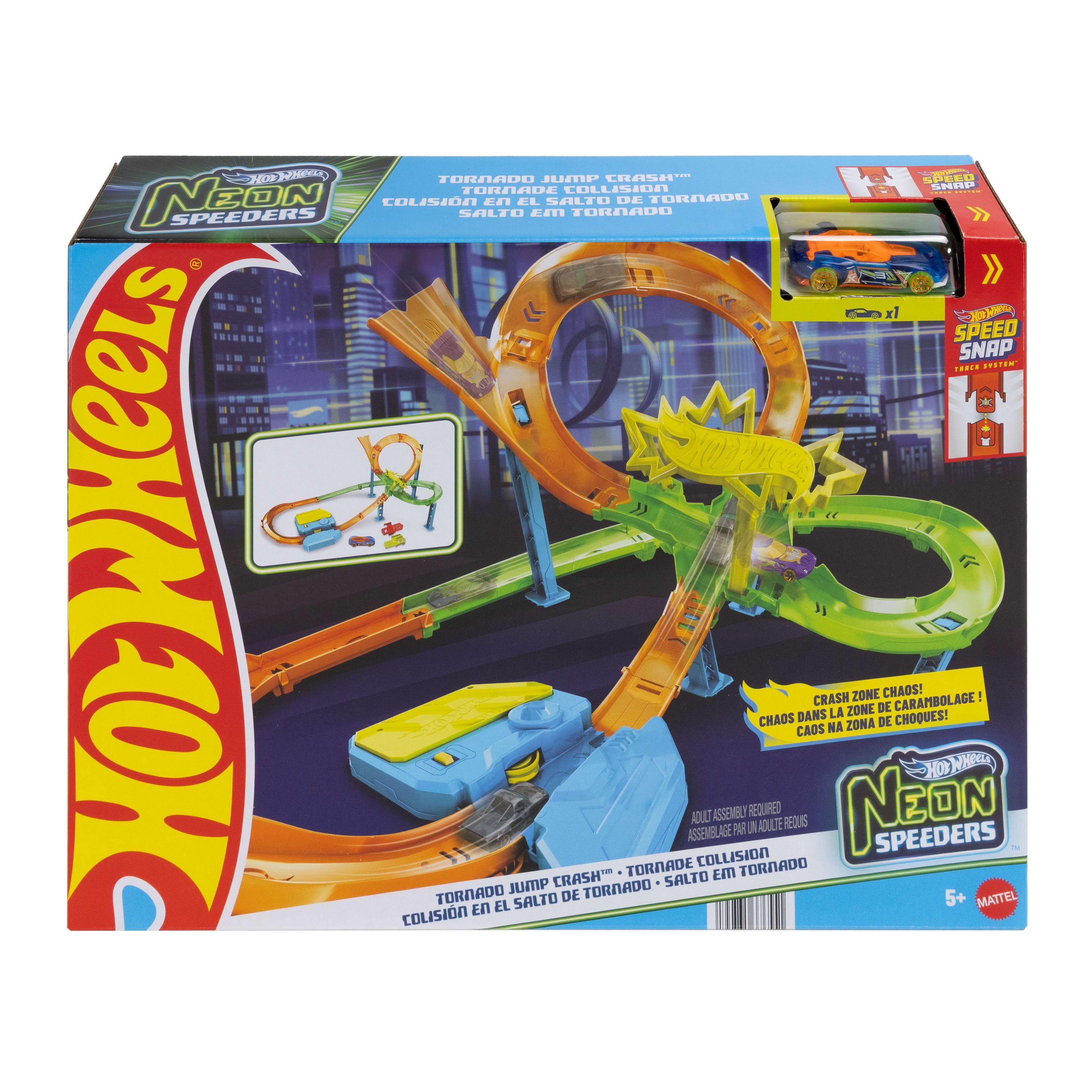 Hot Wheels Akrobasi Pistleri Neon Yarışçılar Kasırga Çarpışması pist seti, motorlu hızlandırıcı ve oyuncak araba