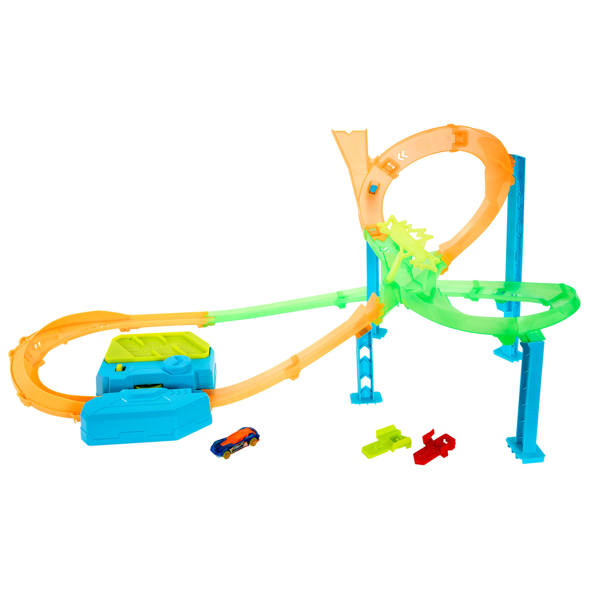 Hot Wheels Akrobasi Pistleri Neon Yarışçılar Kasırga Çarpışması pist seti, motorlu hızlandırıcı ve oyuncak araba