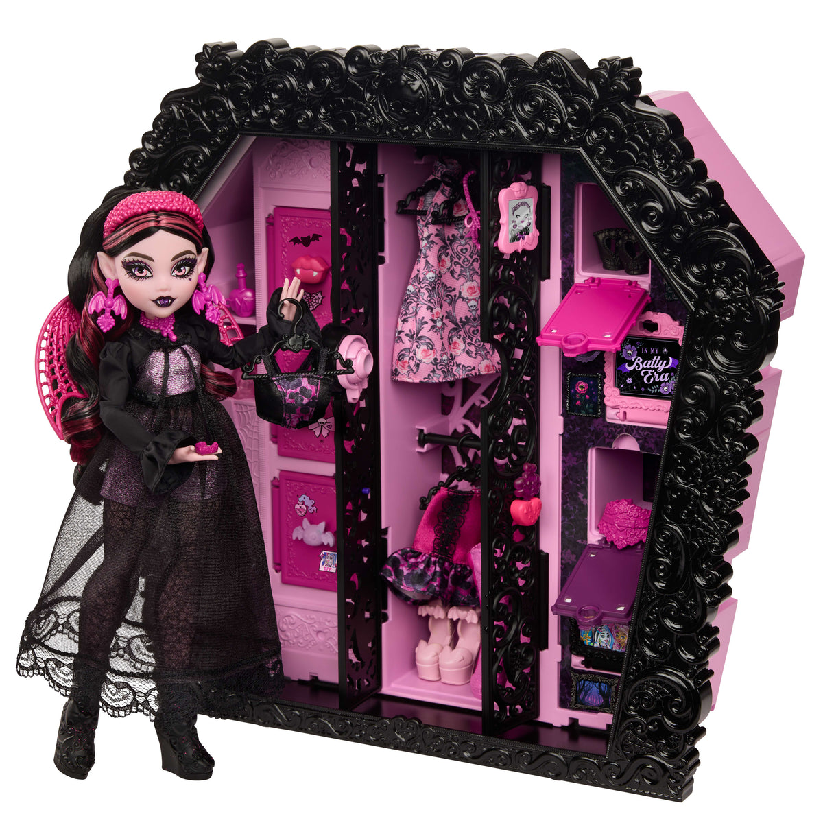 Monster High Gizemli Arkadaşlar Muhteşem Gardırop oyun seti, Draculaura bebek ve 40 aksesuar