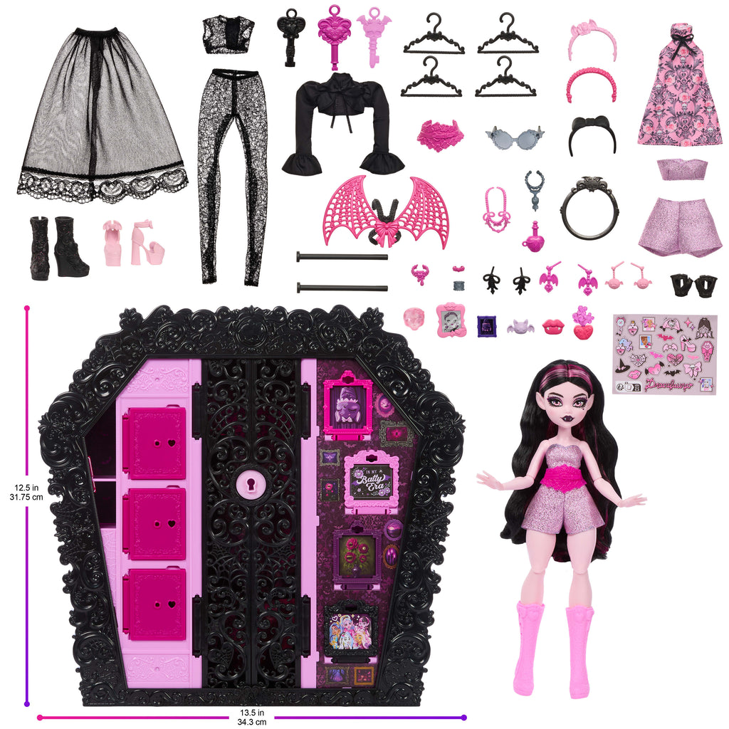 Monster High Gizemli Arkadaşlar Muhteşem Gardırop oyun seti, Draculaura bebek ve 40 aksesuar