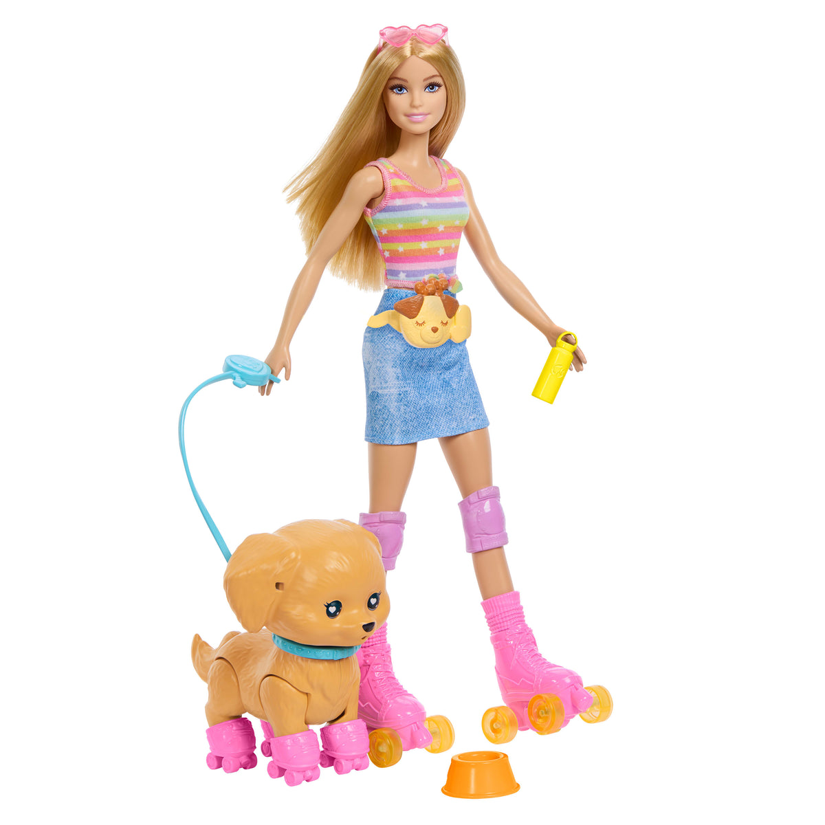 Barbie Paten ve Koşu Arkadaşım oyun seti, sarışın bebek ve köpekçik, patenler ve aksesuarlar