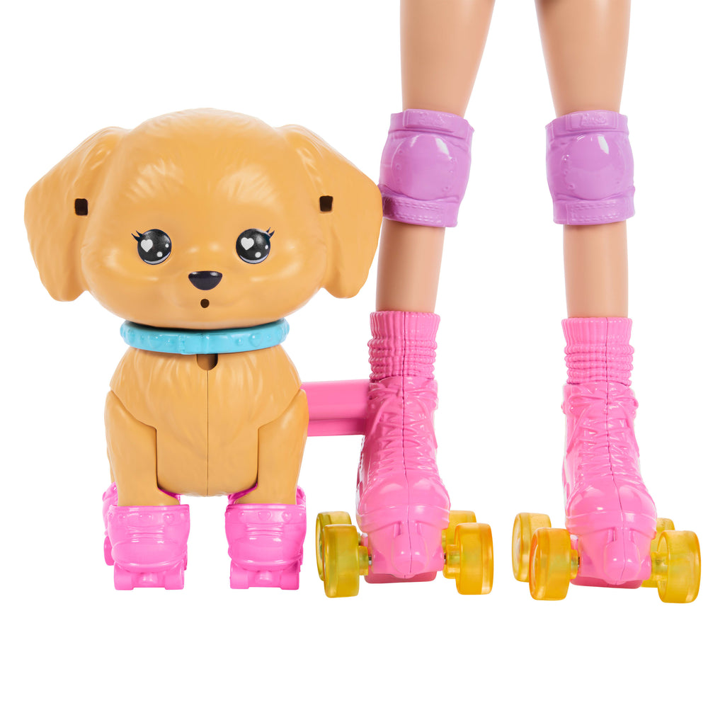 Barbie Paten ve Koşu Arkadaşım oyun seti, sarışın bebek ve köpekçik, patenler ve aksesuarlar