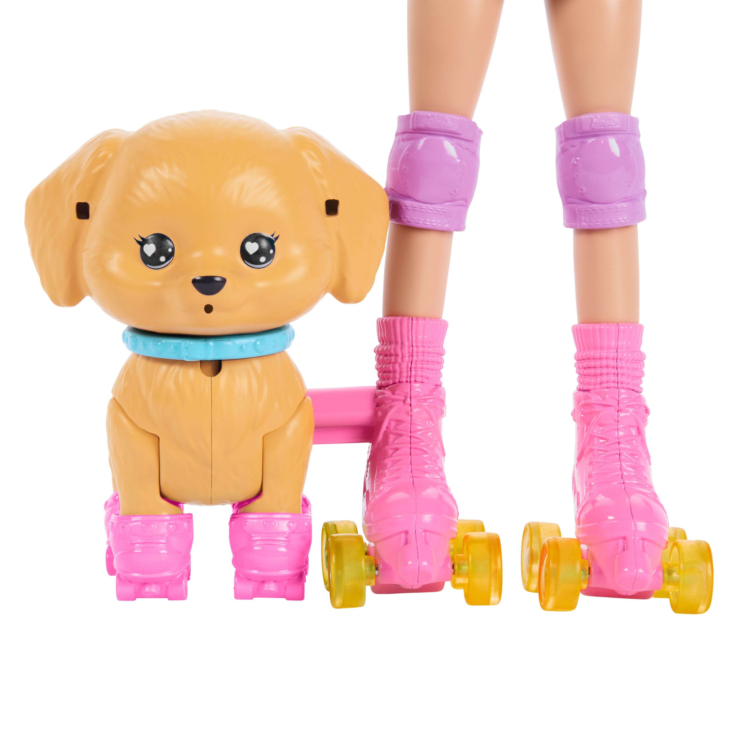 Barbie Paten ve Koşu Arkadaşım oyun seti, sarışın bebek ve köpekçik, patenler ve aksesuarlar