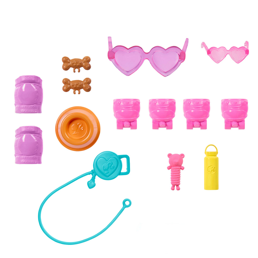 Barbie Paten ve Koşu Arkadaşım oyun seti, sarışın bebek ve köpekçik, patenler ve aksesuarlar