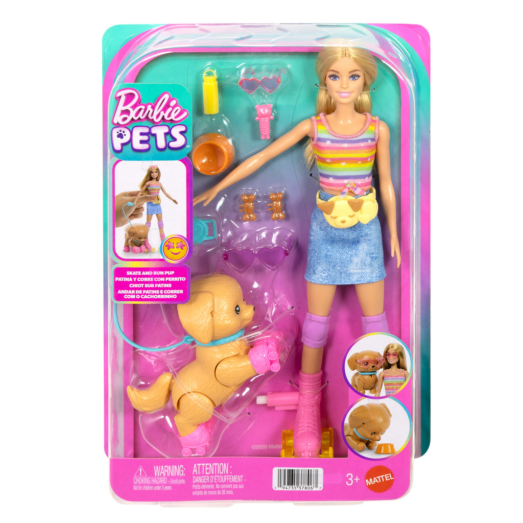 Barbie Paten ve Koşu Arkadaşım oyun seti, sarışın bebek ve köpekçik, patenler ve aksesuarlar