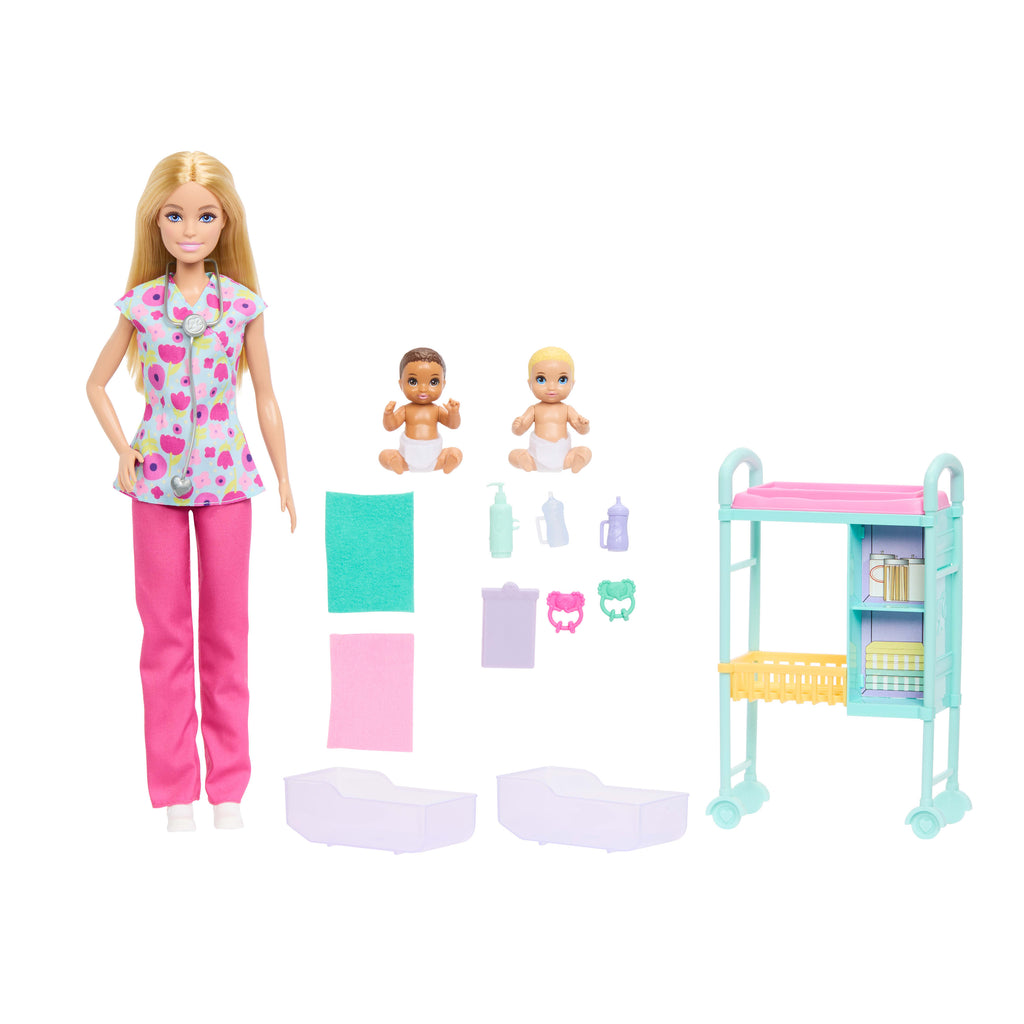 Barbie Kariyer Bebekleri çocuk doktoru oyun seti ve sarışın bebek, 2 bebek figürü, muayene masası ve aksesuarlar