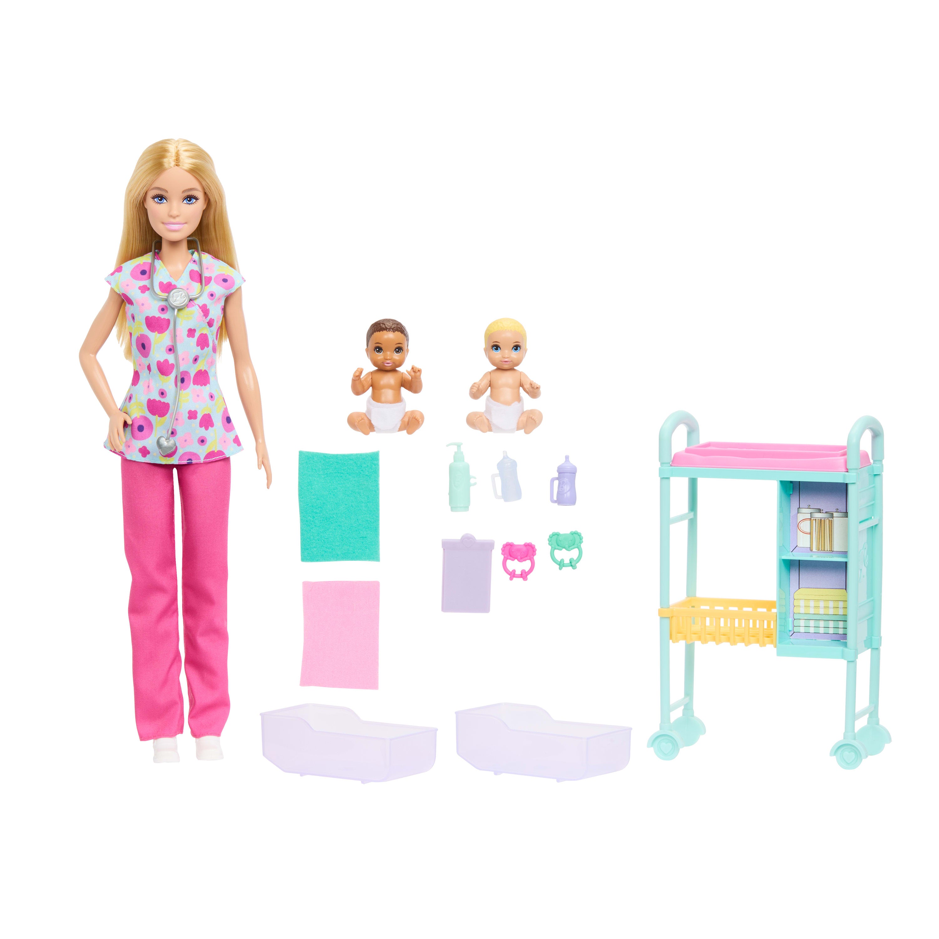 Barbie Kariyer Bebekleri çocuk doktoru oyun seti ve sarışın bebek, 2 bebek figürü, muayene masası ve aksesuarlar